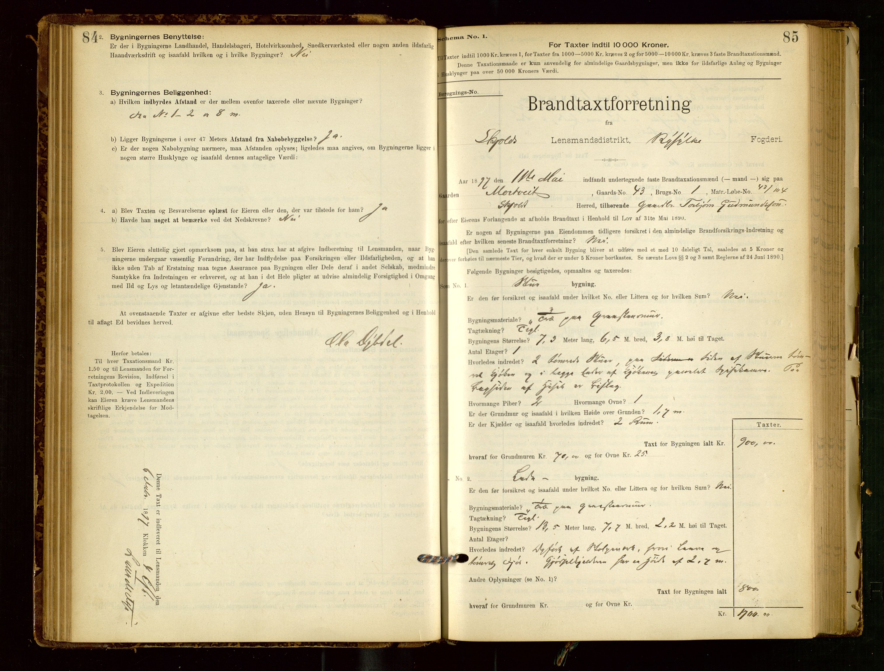 Skjold lensmannskontor, SAST/A-100182/Gob/L0001: "Brandtaxationsprotokol for Skjold Lensmandsdistrikt Ryfylke Fogderi", 1894-1939, p. 84-85