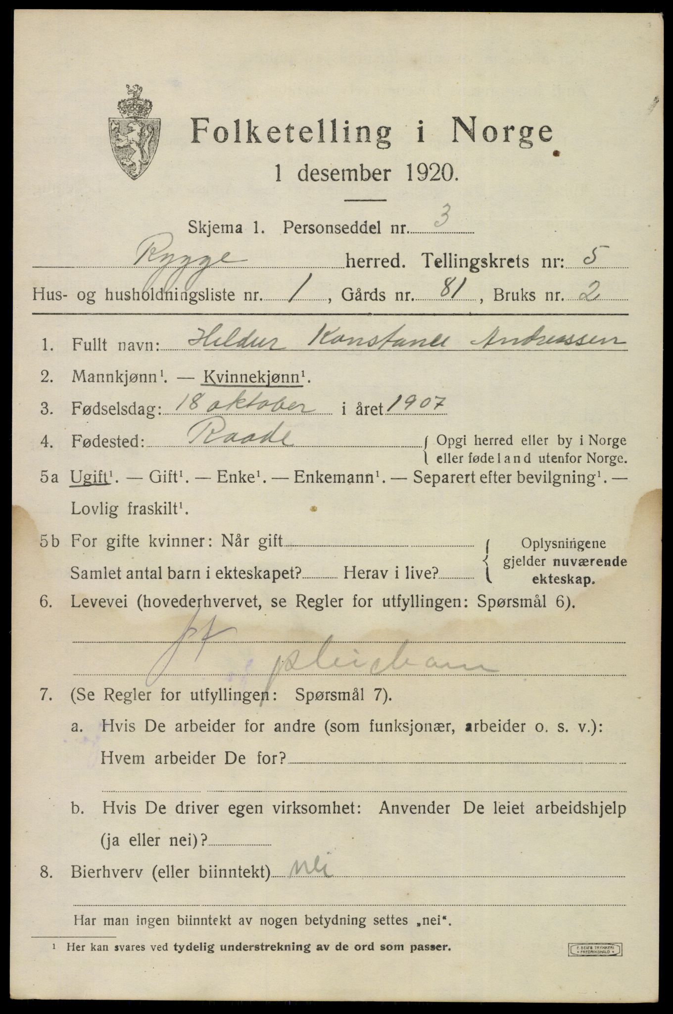 SAO, 1920 census for Rygge, 1920, p. 9559