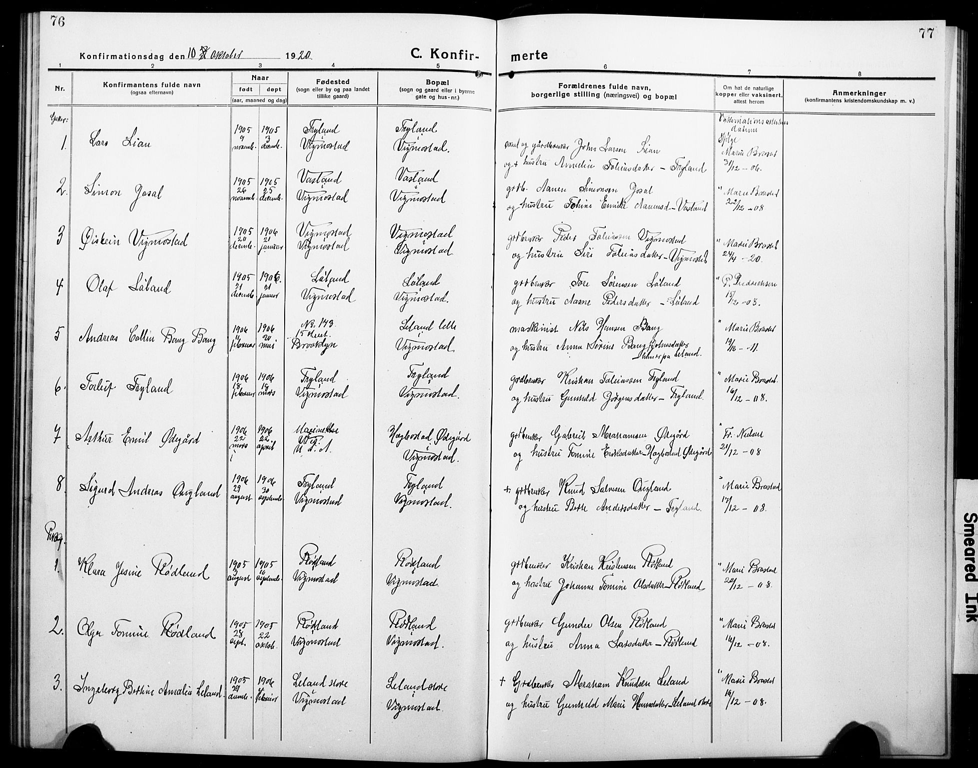 Nord-Audnedal sokneprestkontor, AV/SAK-1111-0032/F/Fb/Fbb/L0005: Parish register (copy) no. B 5, 1918-1929, p. 76-77