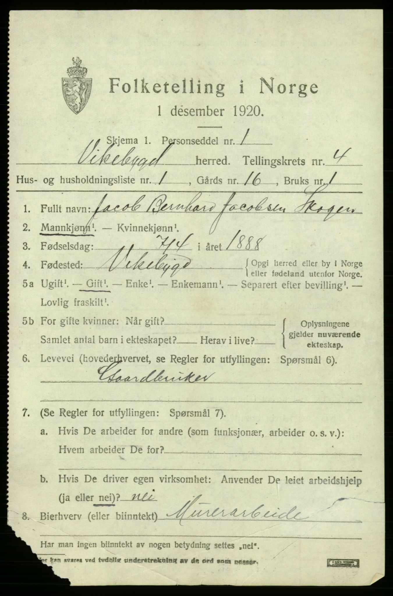 SAB, 1920 census for Vikebygd, 1920, p. 1555