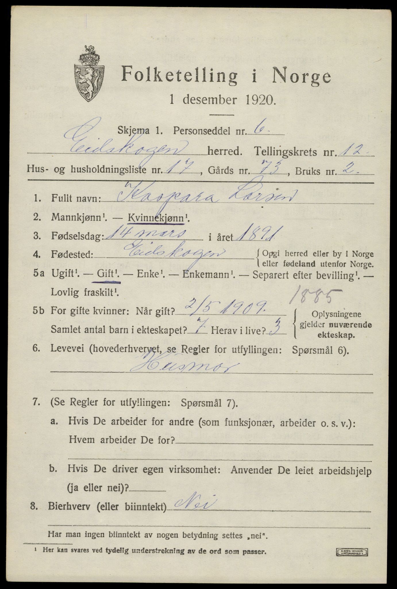 SAH, 1920 census for Eidskog, 1920, p. 11959