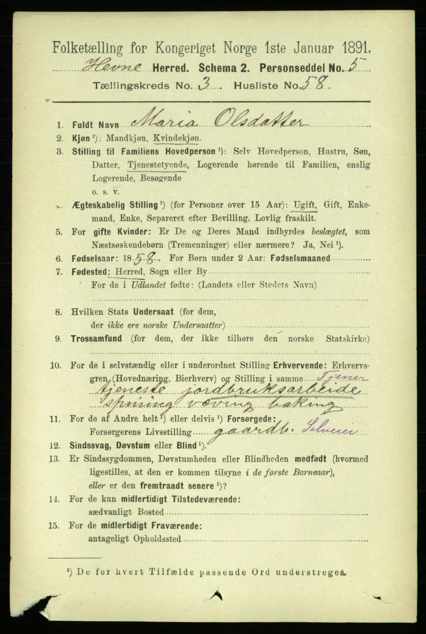 RA, 1891 census for 1612 Hemne, 1891, p. 1781