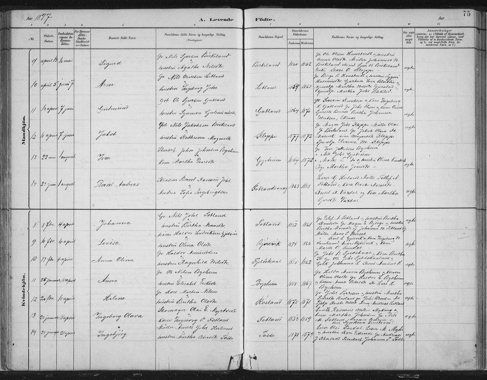 Hosanger sokneprestembete, SAB/A-75801/H/Hab: Parish register (copy) no. A 3 I, 1882-1903, p. 75