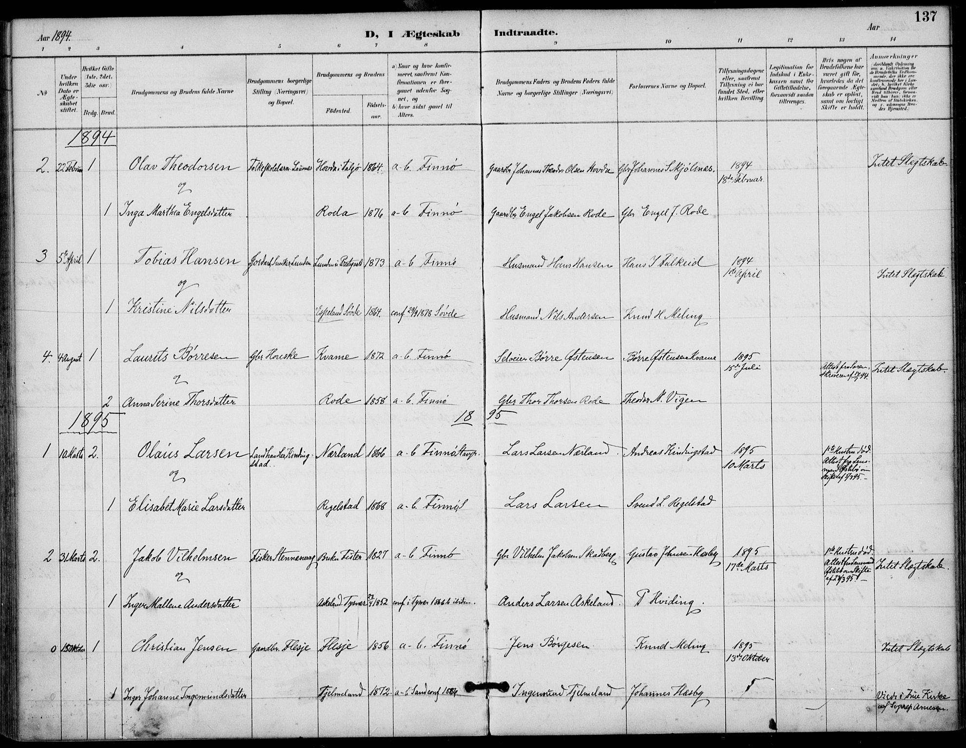 Finnøy sokneprestkontor, SAST/A-101825/H/Ha/Haa/L0011: Parish register (official) no. A 11, 1891-1910, p. 137