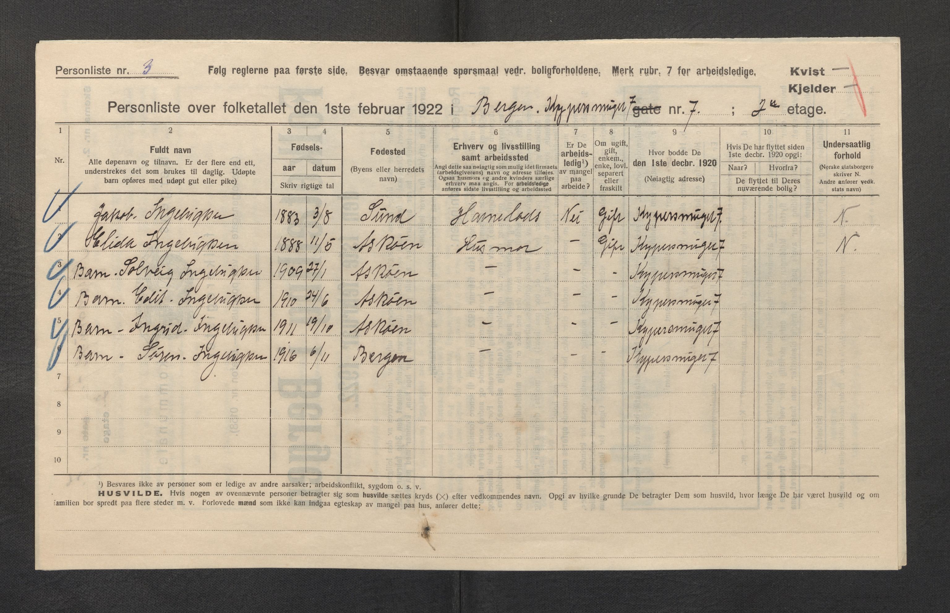 SAB, Municipal Census 1922 for Bergen, 1922, p. 21123