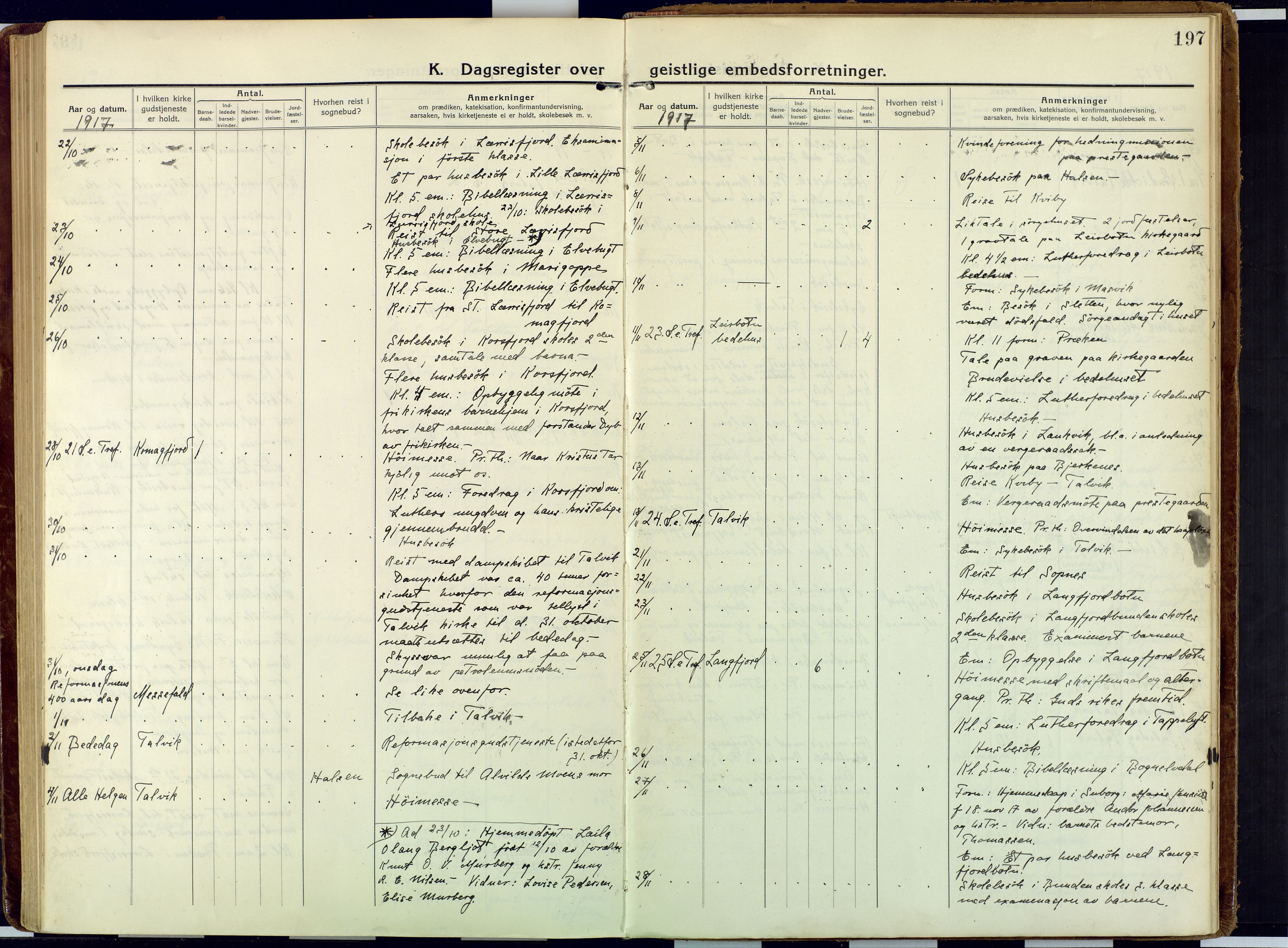 Talvik sokneprestkontor, AV/SATØ-S-1337/H/Ha/L0018kirke: Parish register (official) no. 18, 1915-1924, p. 197