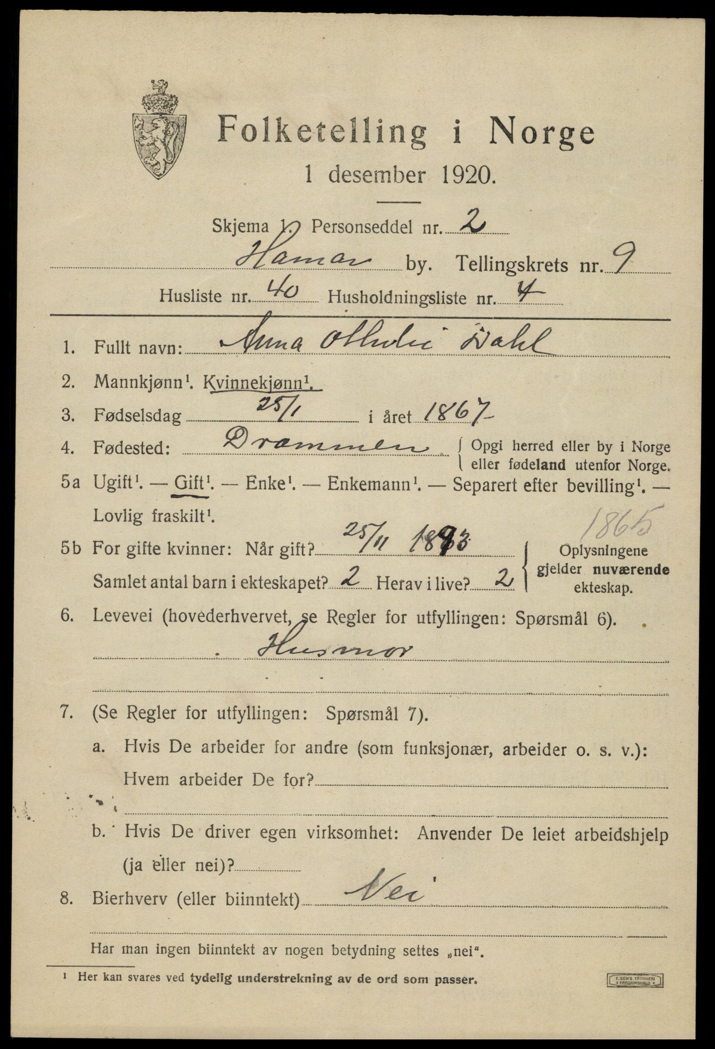 SAH, 1920 census for Hamar, 1920, p. 16925