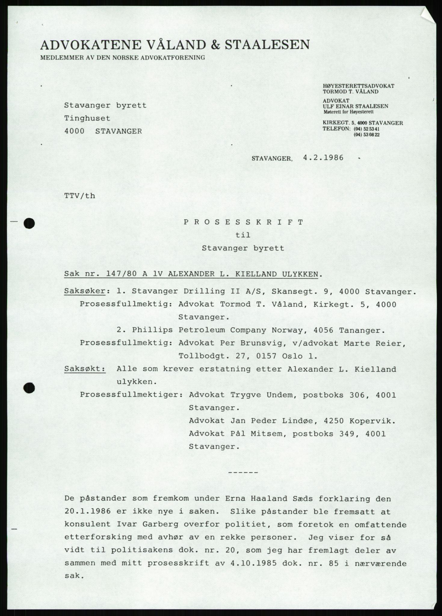 Pa 1503 - Stavanger Drilling AS, AV/SAST-A-101906/Da/L0001: Alexander L. Kielland - Begrensningssak Stavanger byrett, 1986, p. 3