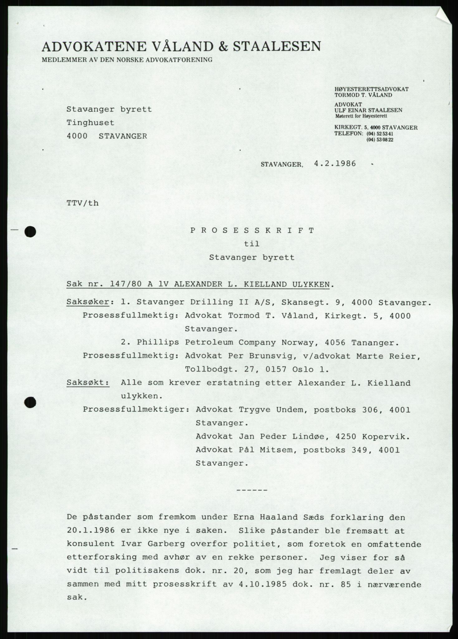 Pa 1503 - Stavanger Drilling AS, SAST/A-101906/Da/L0001: Alexander L. Kielland - Begrensningssak Stavanger byrett, 1986, p. 3