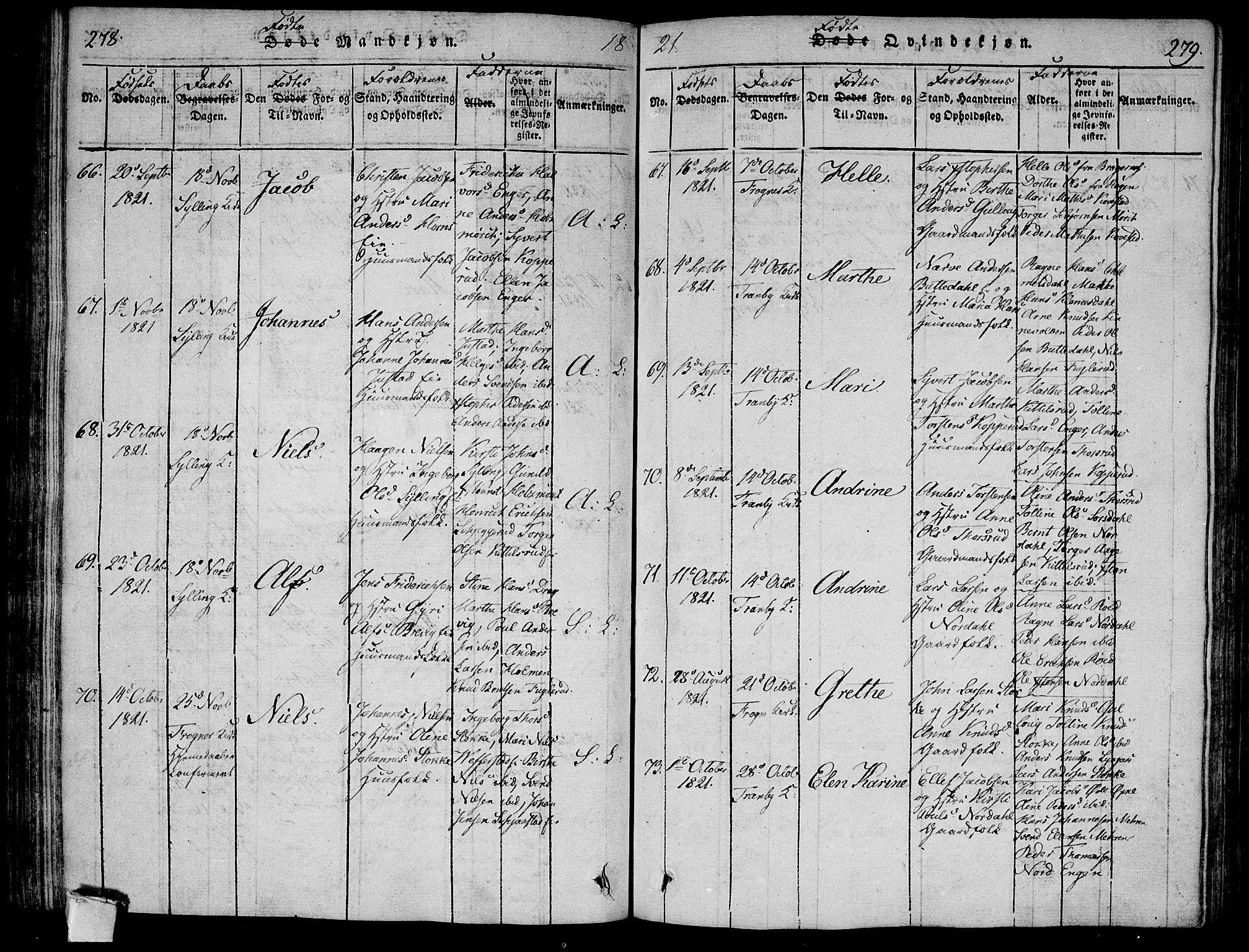 Lier kirkebøker, SAKO/A-230/F/Fa/L0008: Parish register (official) no. I 8, 1813-1825, p. 278-279