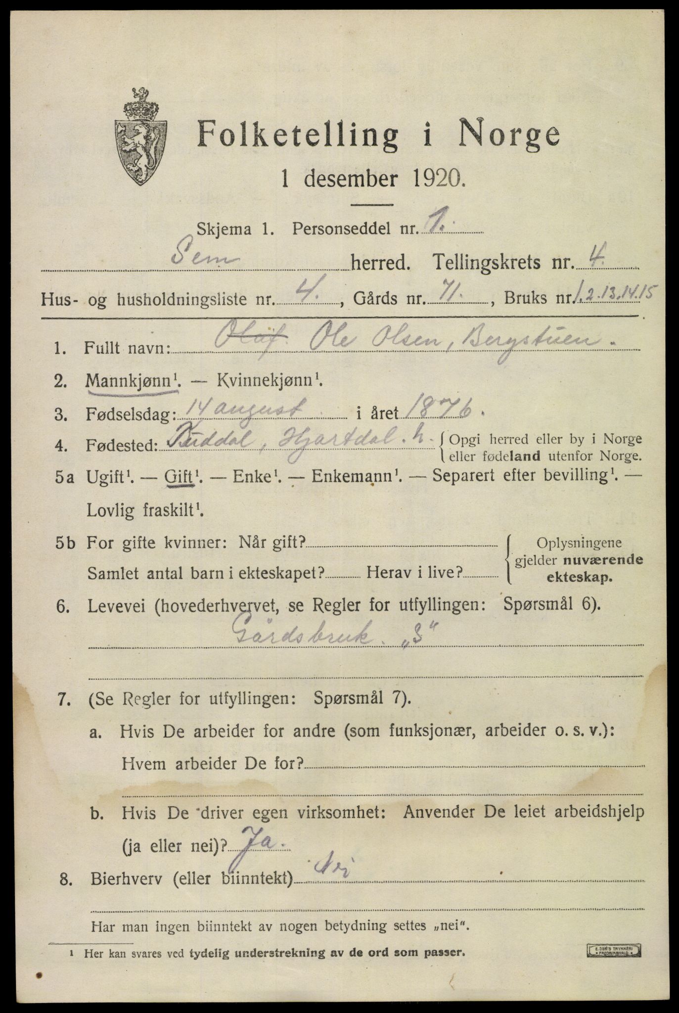 SAKO, 1920 census for Sem, 1920, p. 7107