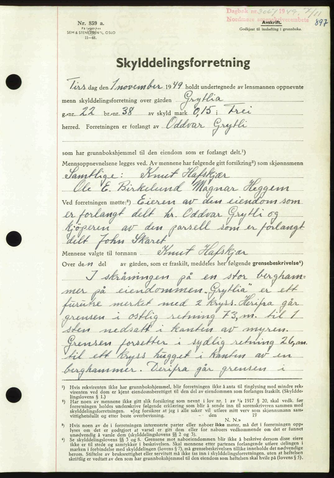 Nordmøre sorenskriveri, AV/SAT-A-4132/1/2/2Ca: Mortgage book no. A112, 1949-1949, Diary no: : 3067/1949