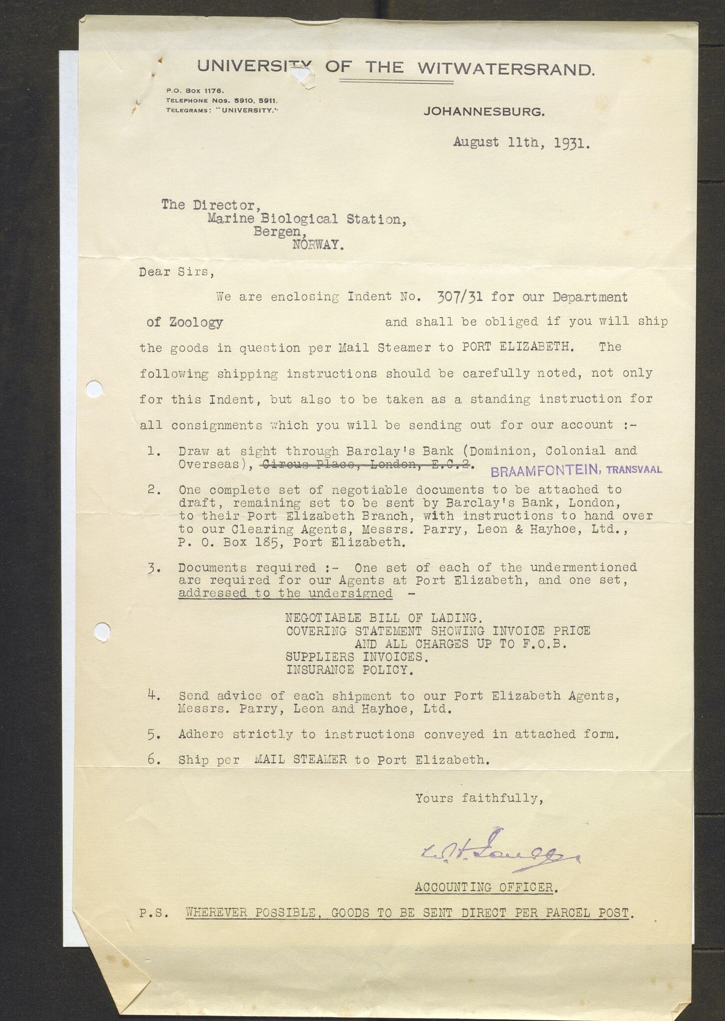 Bergens Museum, AV/SAB-A-17301/13/D/L0002: Korrespondanse , 1928-1940, p. 293