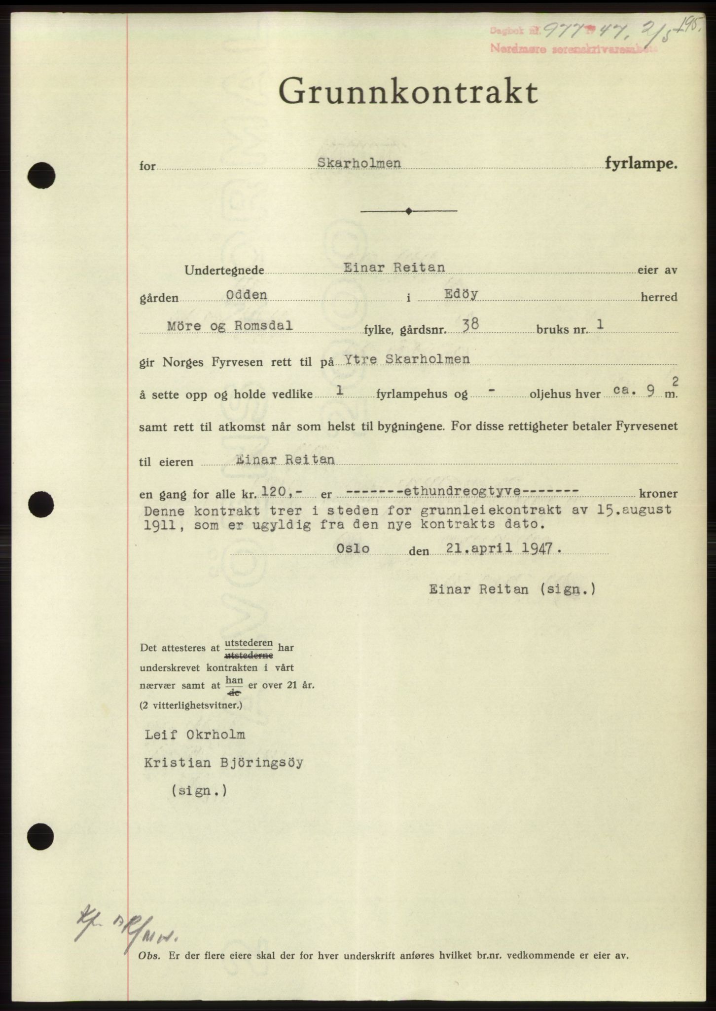 Nordmøre sorenskriveri, AV/SAT-A-4132/1/2/2Ca: Mortgage book no. B96, 1947-1947, Diary no: : 977/1947