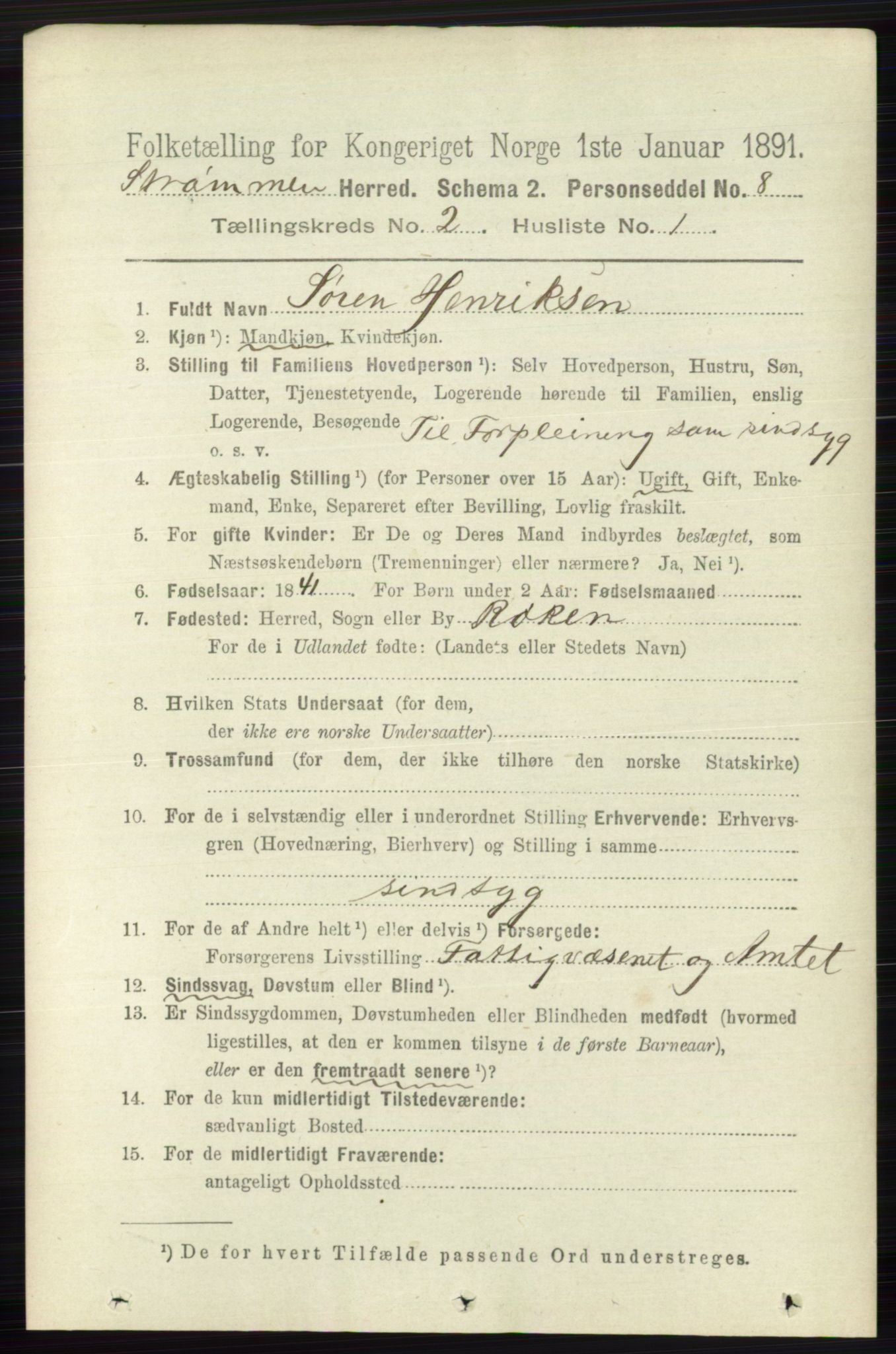 RA, 1891 census for 0711 Strømm, 1891, p. 703