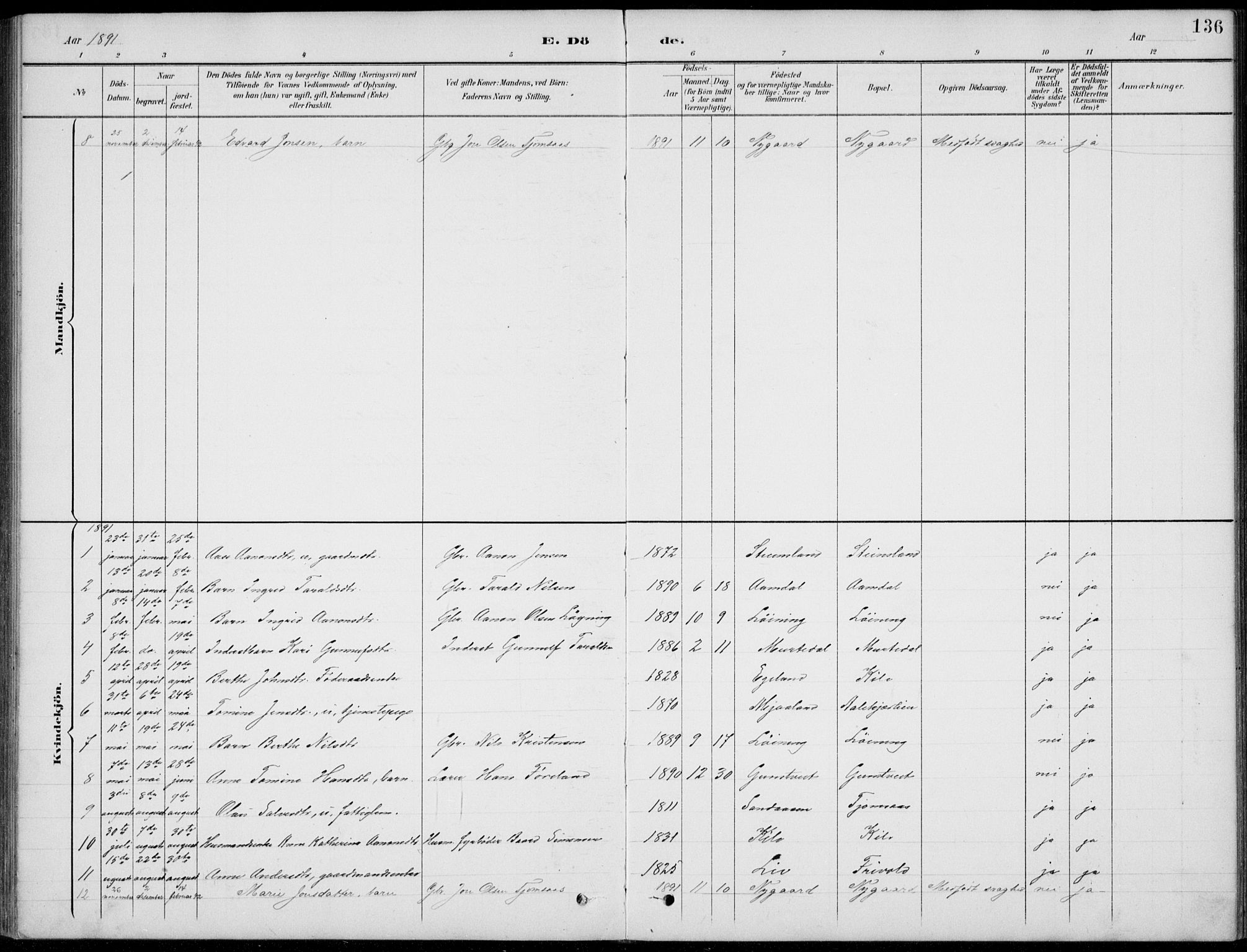 Vennesla sokneprestkontor, AV/SAK-1111-0045/Fb/Fba/L0003: Parish register (copy) no. B 3, 1890-1919, p. 136