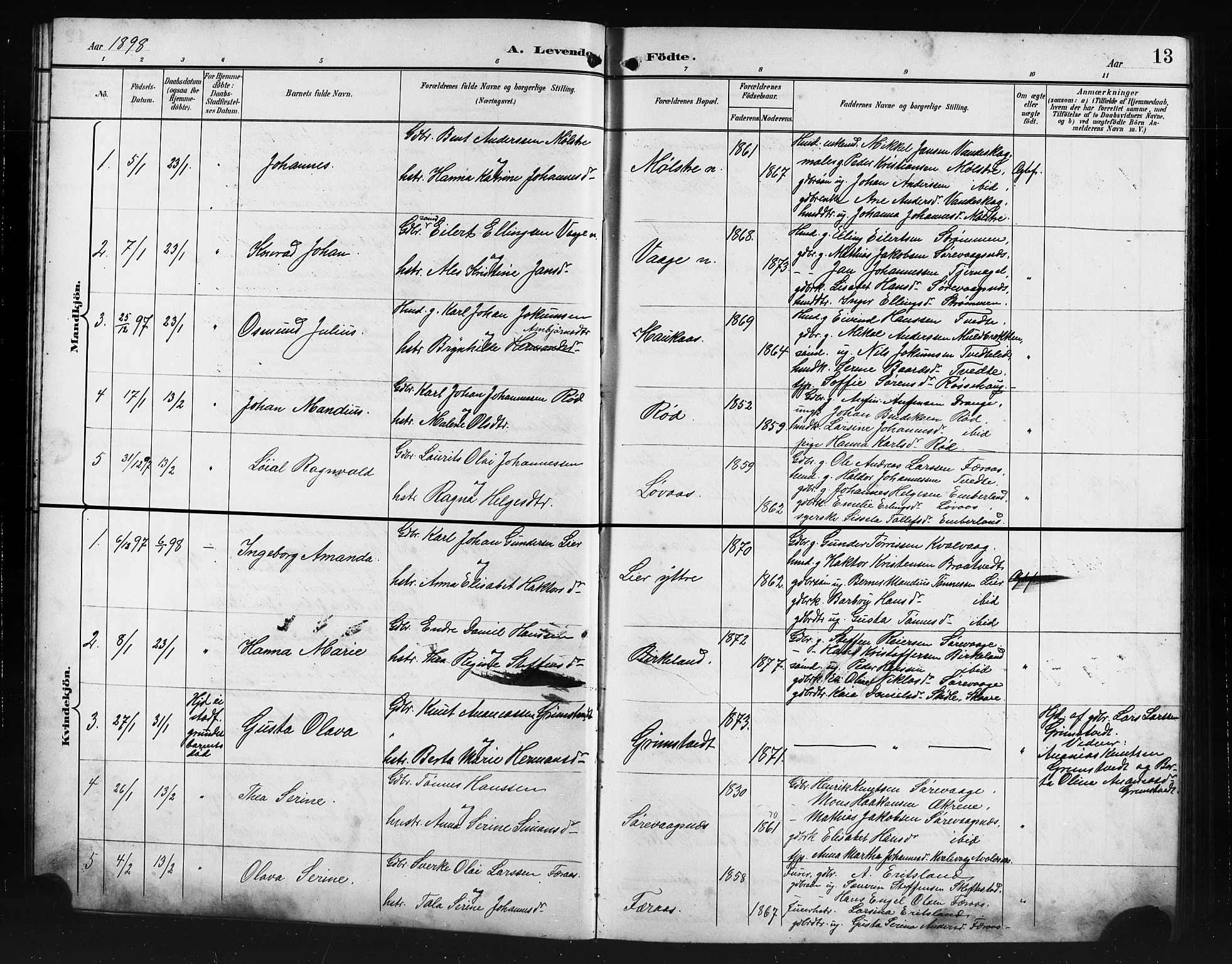 Sveio Sokneprestembete, AV/SAB-A-78501/H/Hab: Parish register (copy) no. A 4, 1897-1911, p. 13