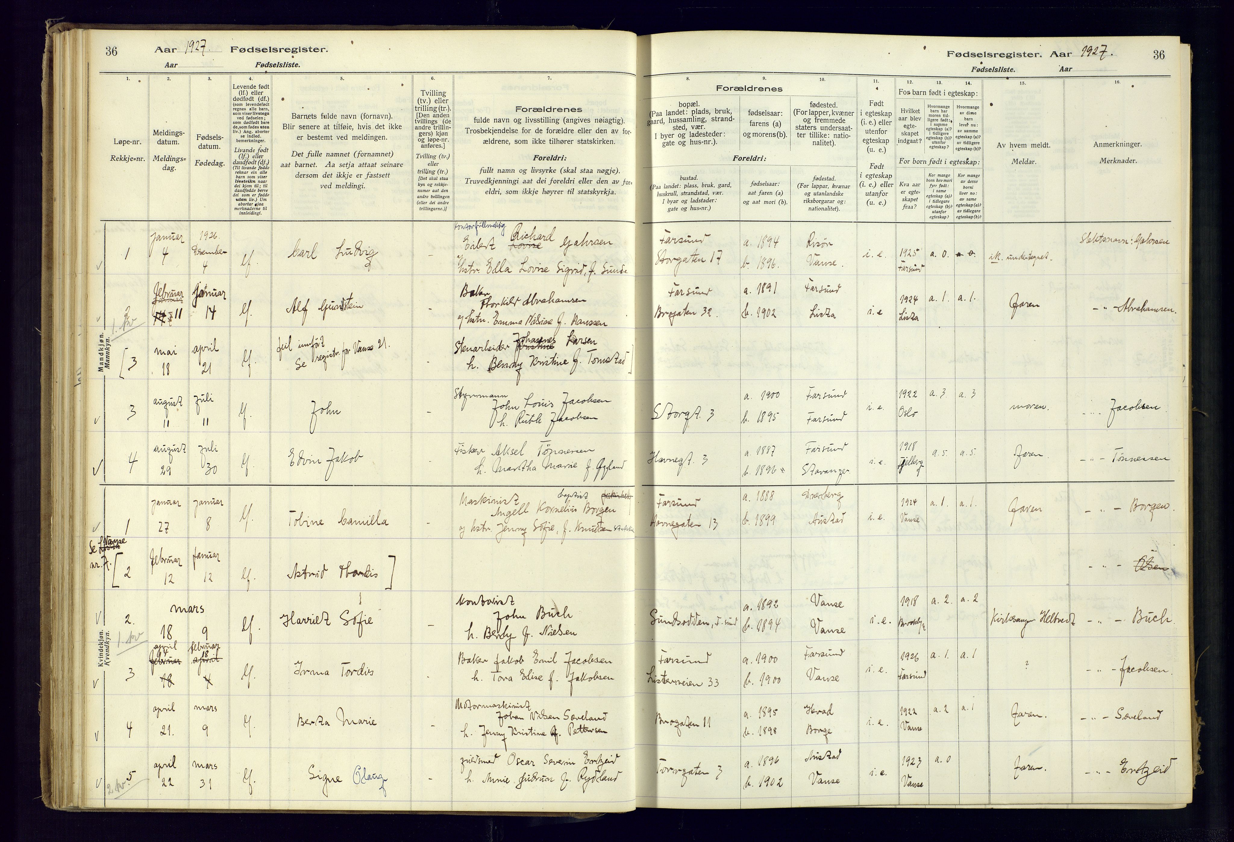 Farsund sokneprestkontor, SAK/1111-0009/J/Ja/L0001: Birth register no. A-VI-8, 1916-1950, p. 36