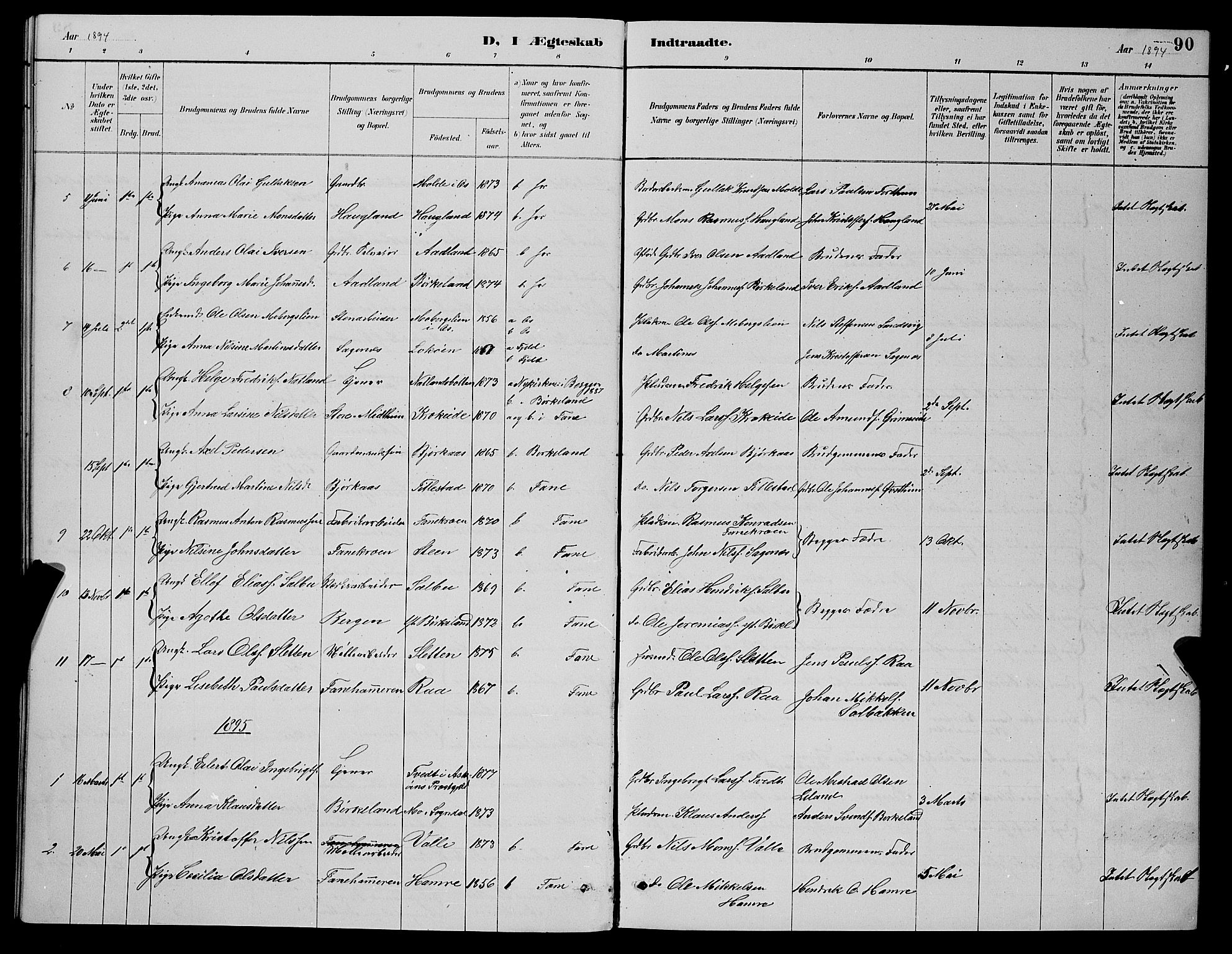 Fana Sokneprestembete, SAB/A-75101/H/Hab/Haba/L0002: Parish register (copy) no. A 2, 1889-1895, p. 90