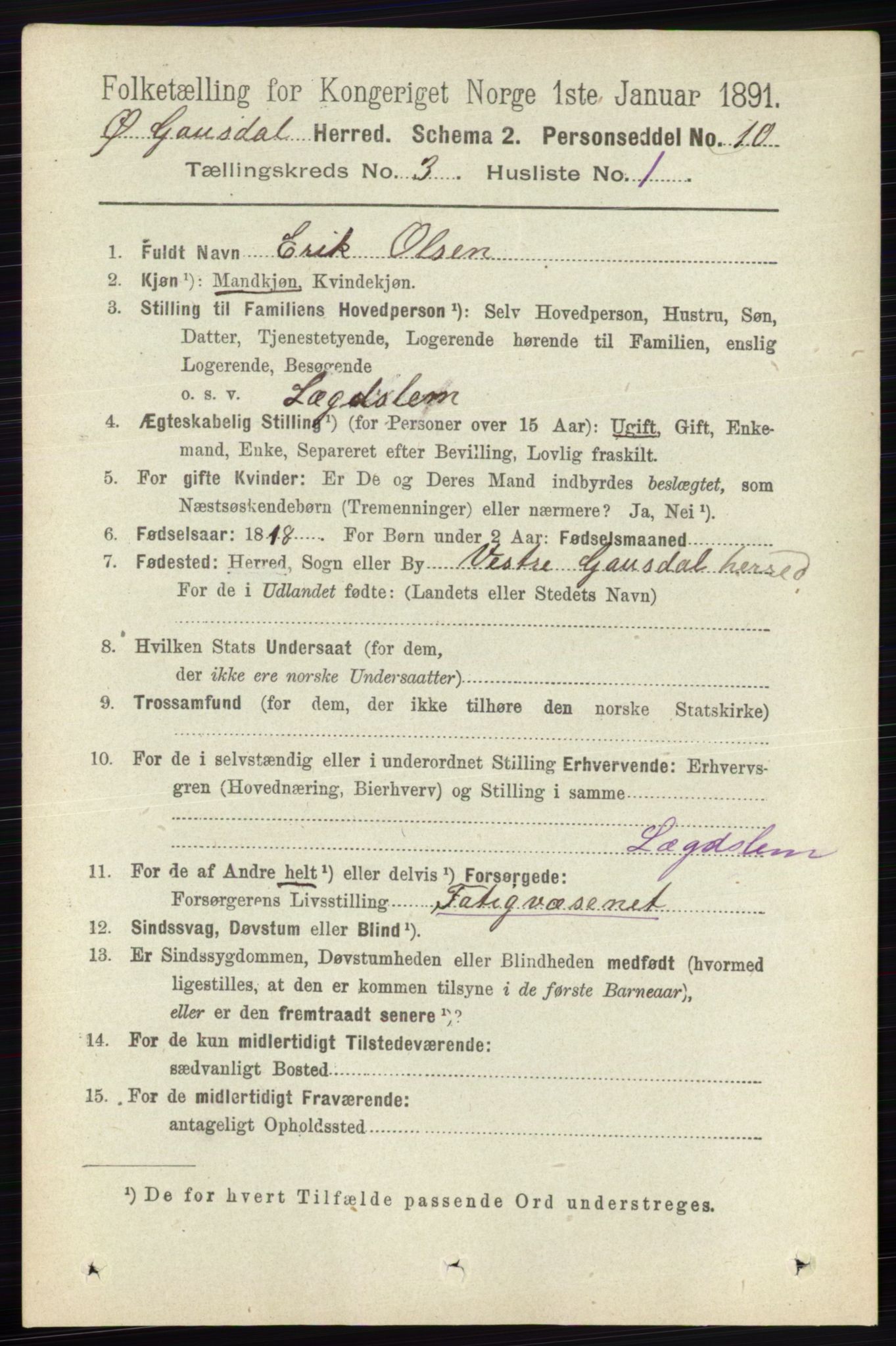 RA, 1891 census for 0522 Østre Gausdal, 1891, p. 1713