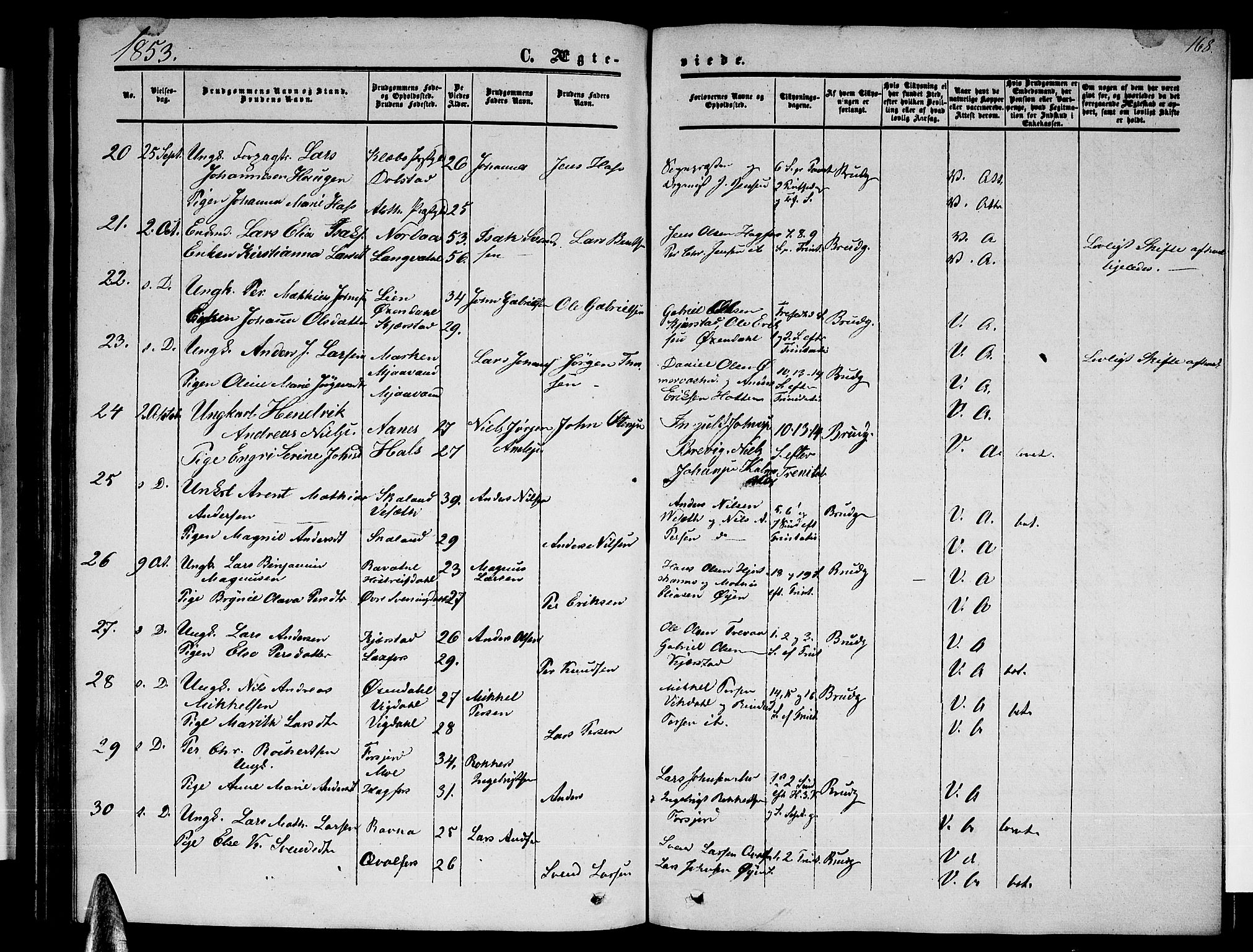 Ministerialprotokoller, klokkerbøker og fødselsregistre - Nordland, AV/SAT-A-1459/820/L0301: Parish register (copy) no. 820C03, 1851-1858, p. 168