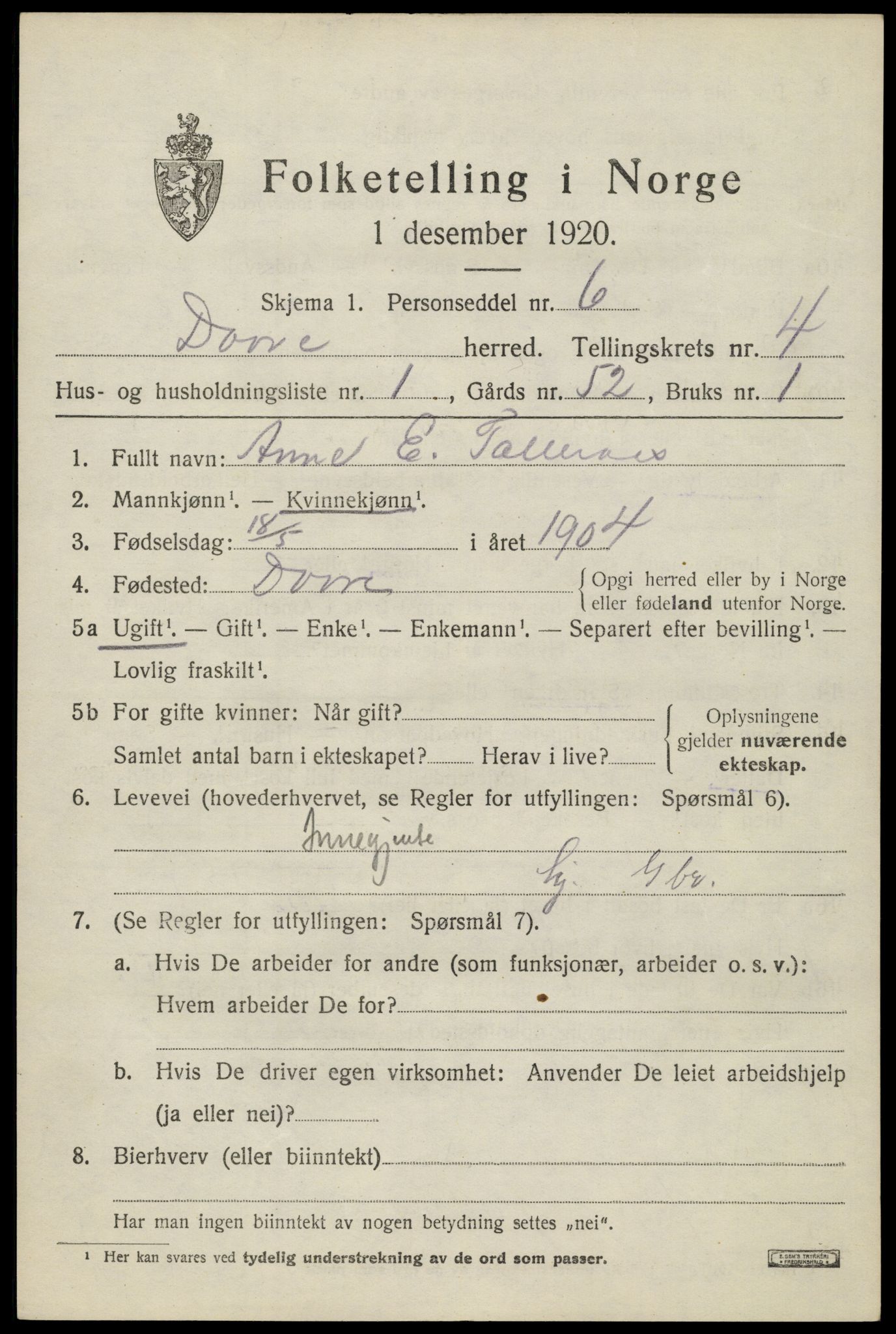 SAH, 1920 census for Dovre, 1920, p. 4552