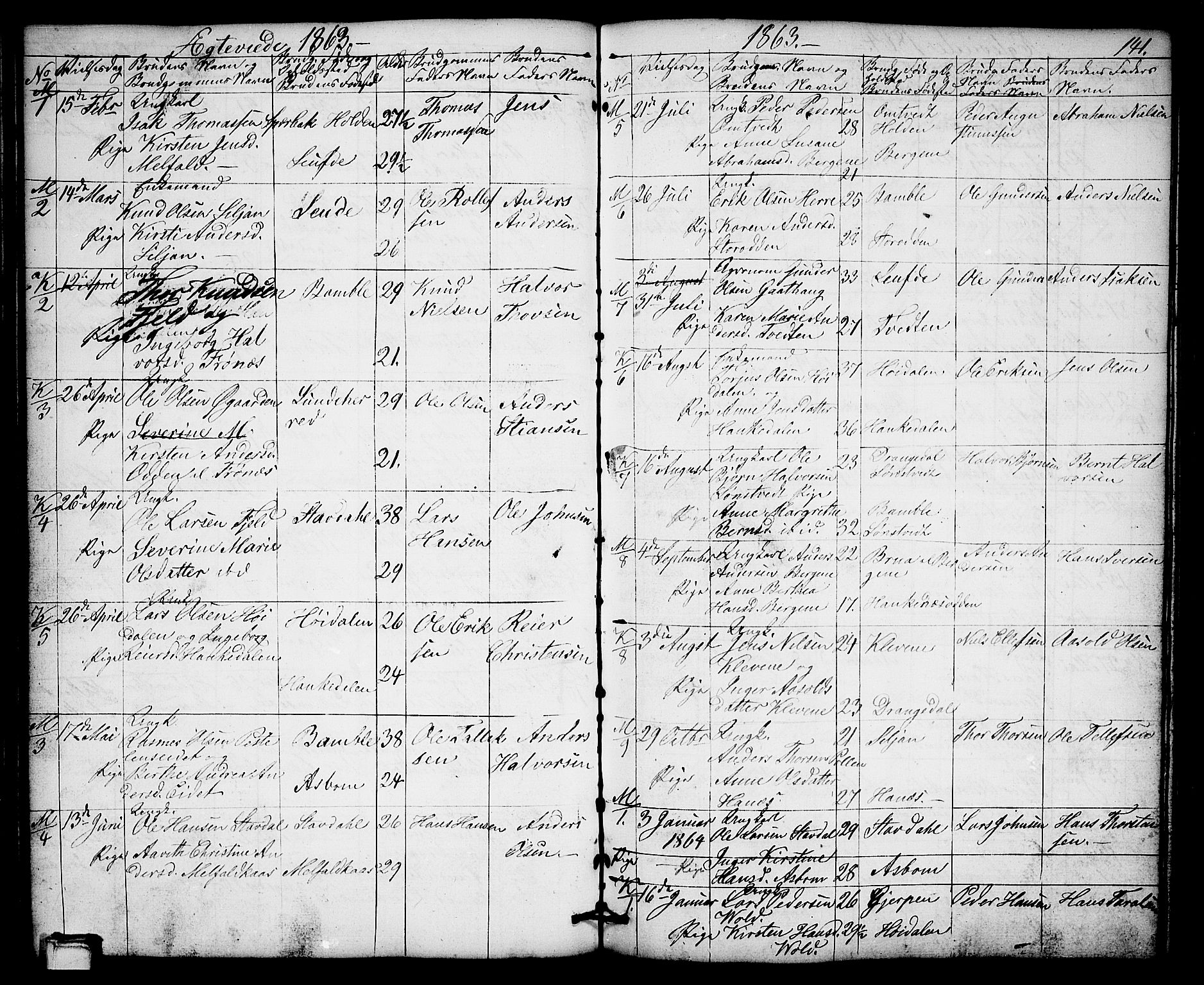 Solum kirkebøker, AV/SAKO-A-306/G/Gb/L0002: Parish register (copy) no. II 2, 1859-1879, p. 141