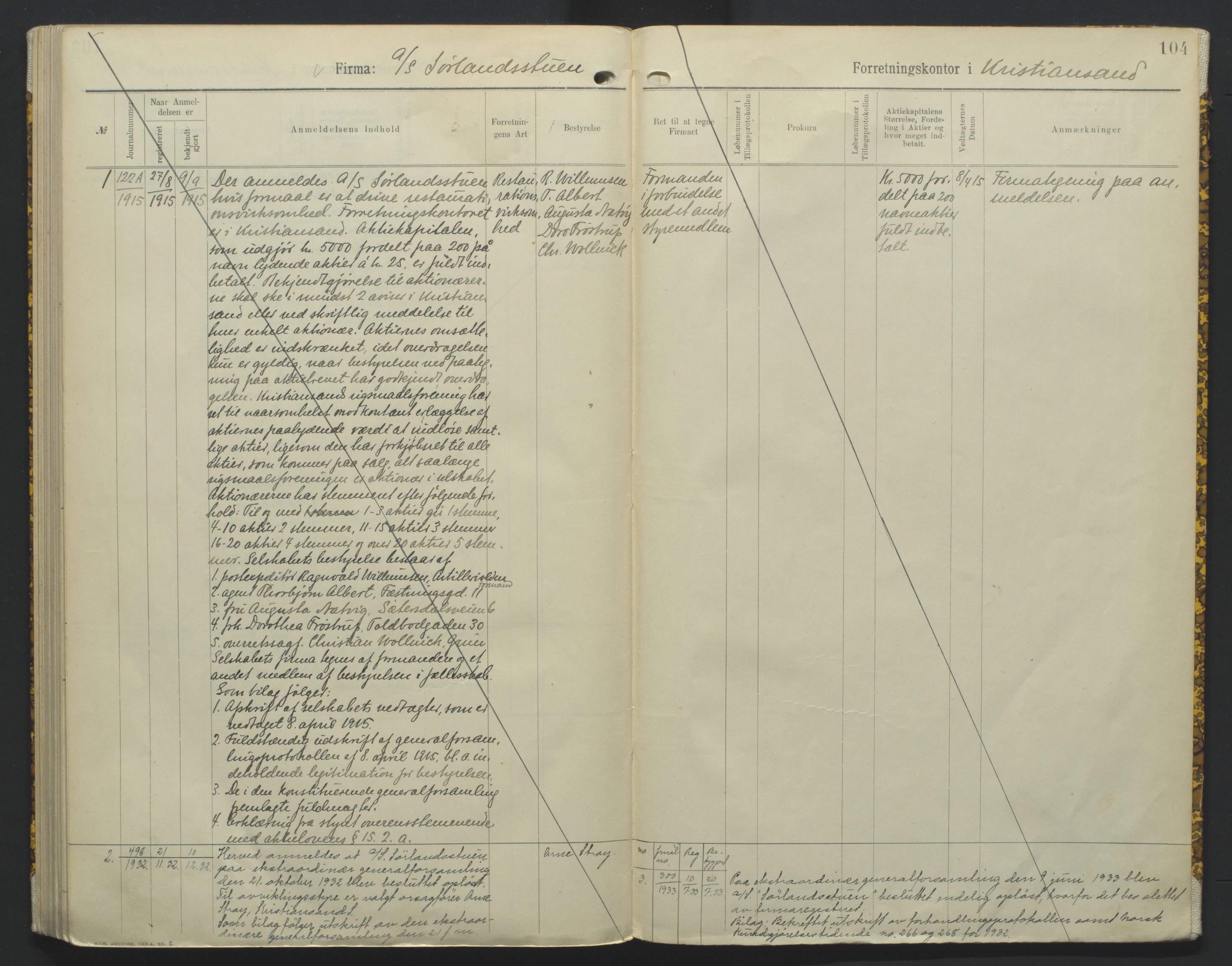 Kristiansand byrett, AV/SAK-1223-0001/K/Kb/L0010: Handelsregister B III, 1907-1915, p. 104