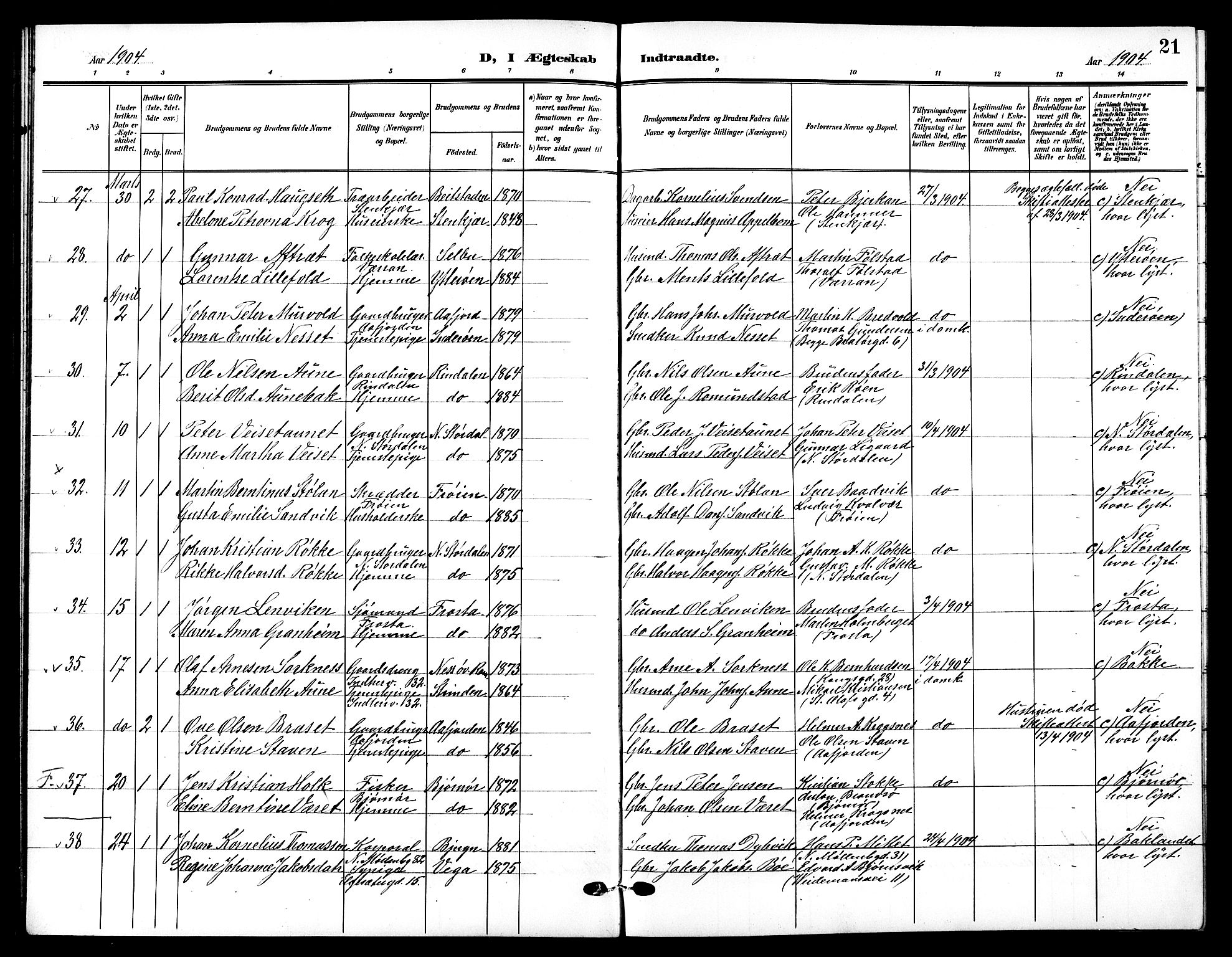 Ministerialprotokoller, klokkerbøker og fødselsregistre - Sør-Trøndelag, AV/SAT-A-1456/601/L0095: Parish register (copy) no. 601C13, 1902-1911, p. 21