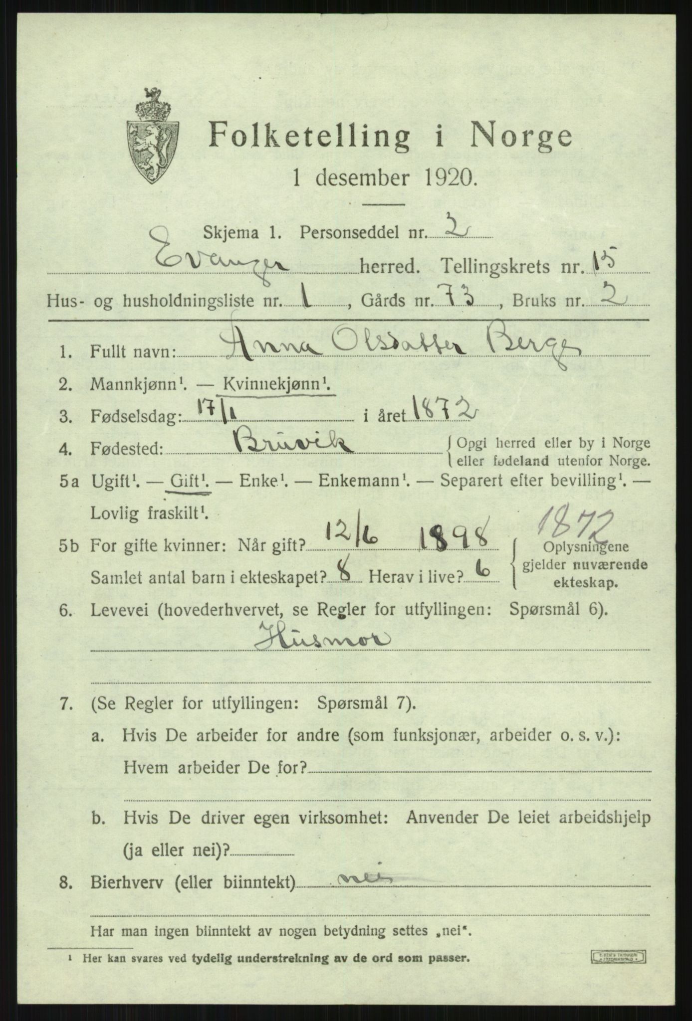 SAB, 1920 census for Evanger, 1920, p. 4087