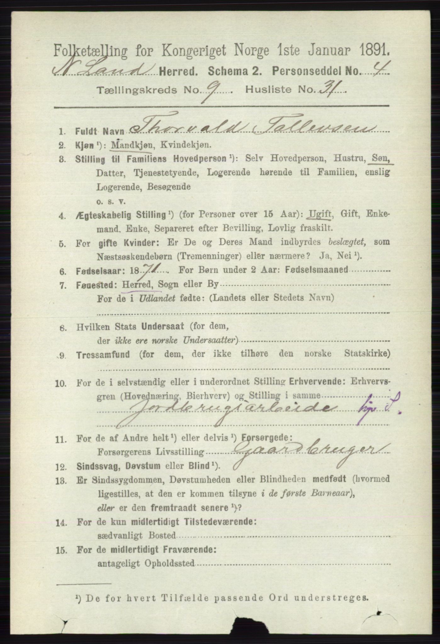 RA, 1891 census for 0538 Nordre Land, 1891, p. 2762