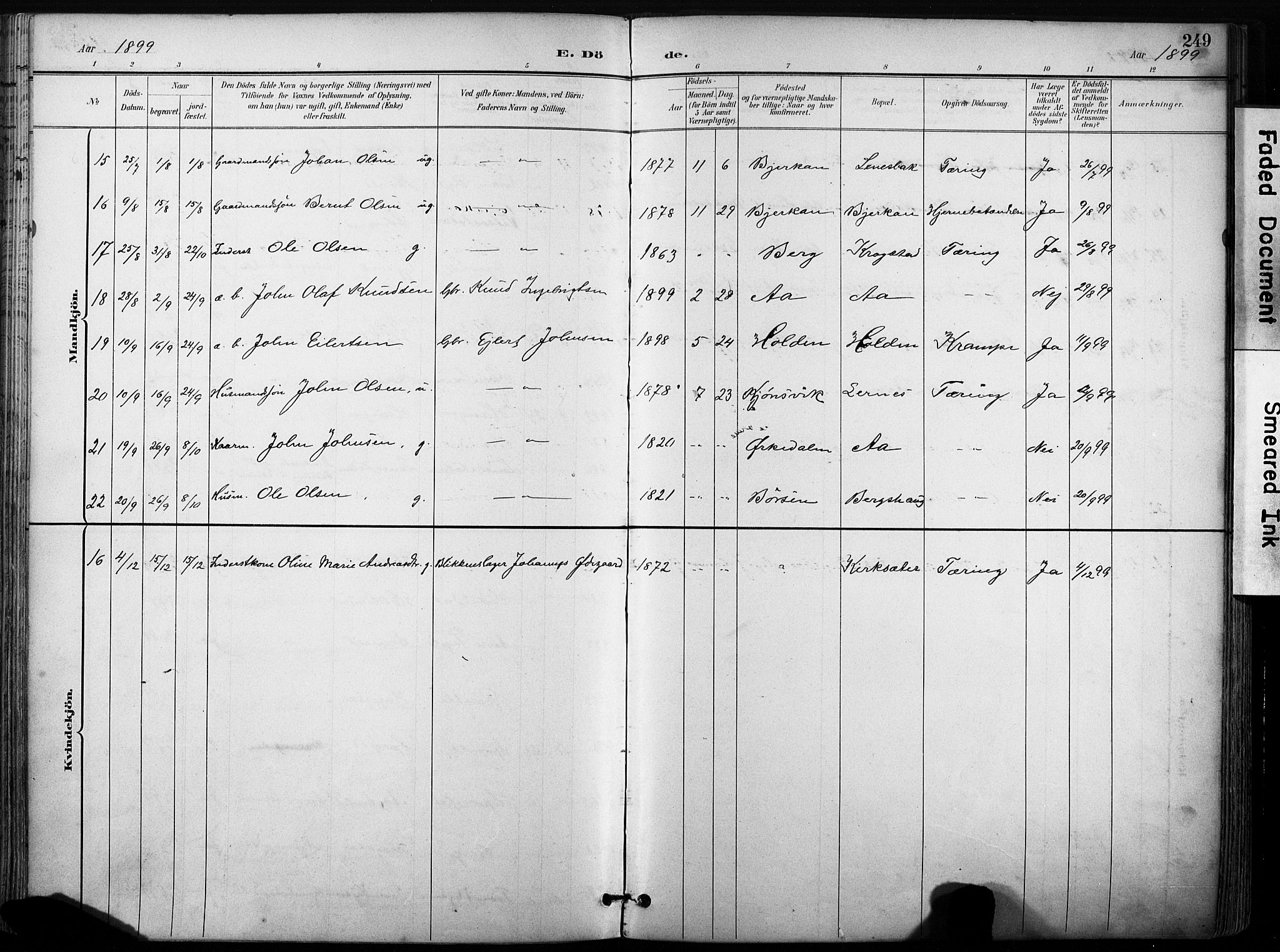 Ministerialprotokoller, klokkerbøker og fødselsregistre - Sør-Trøndelag, AV/SAT-A-1456/630/L0497: Parish register (official) no. 630A10, 1896-1910, p. 249