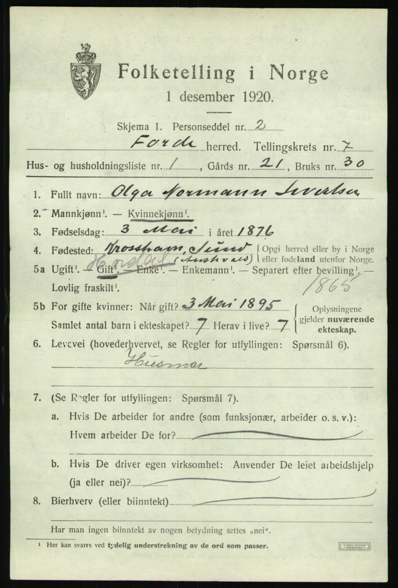 SAB, 1920 census for Førde, 1920, p. 2410