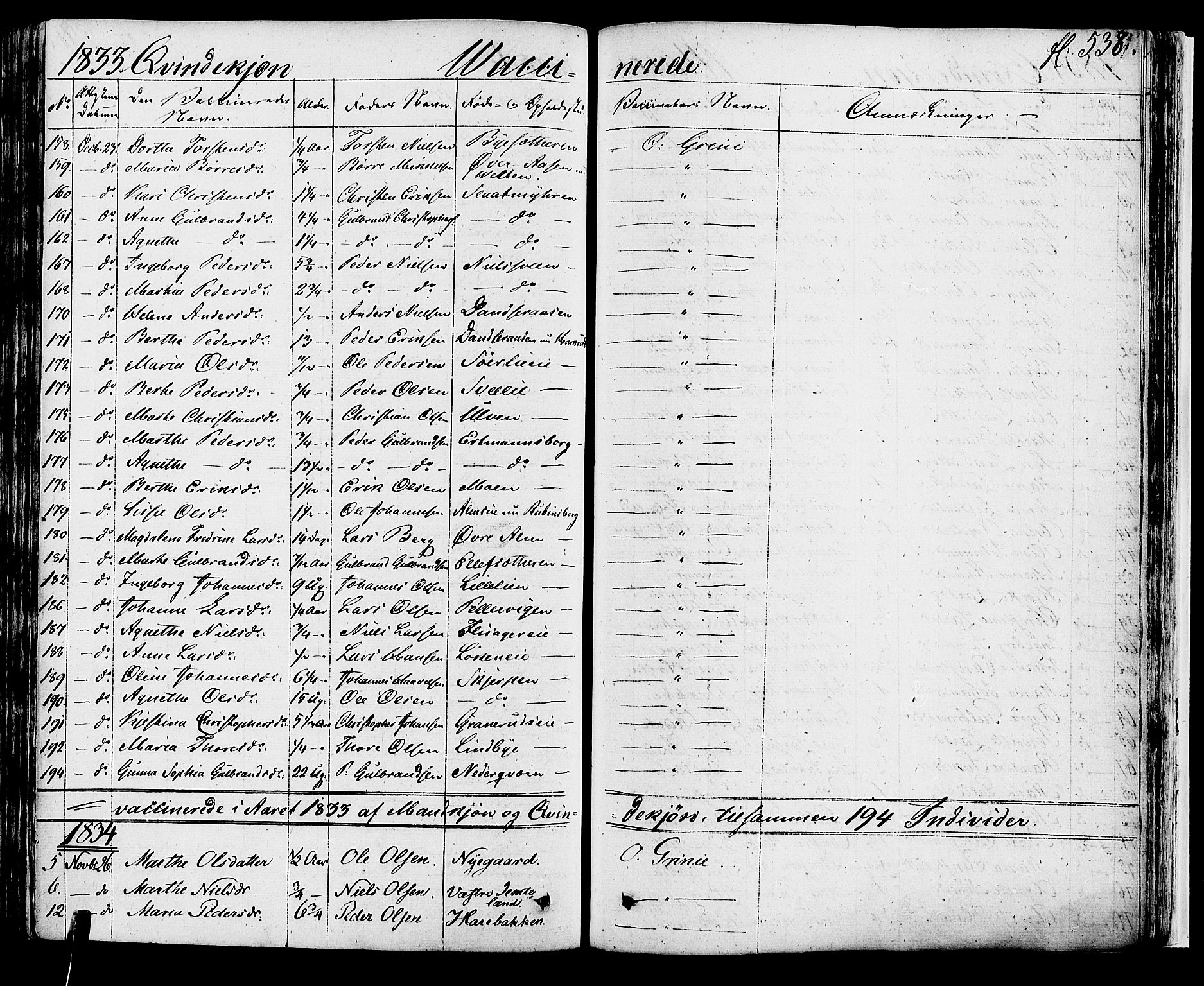 Ringsaker prestekontor, SAH/PREST-014/K/Ka/L0007: Parish register (official) no. 7B, 1826-1837, p. 538