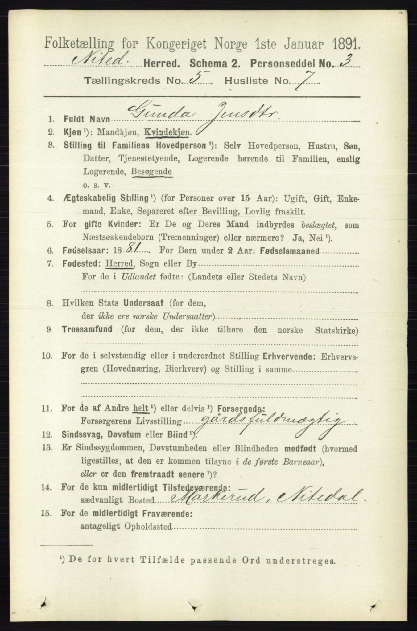 RA, 1891 census for 0233 Nittedal, 1891, p. 2219