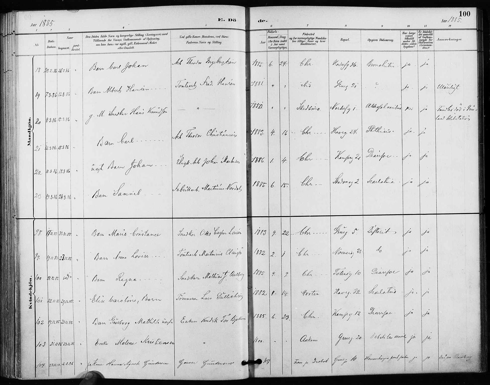 Kampen prestekontor Kirkebøker, AV/SAO-A-10853/F/Fa/L0004: Parish register (official) no. I 4, 1885-1892, p. 100