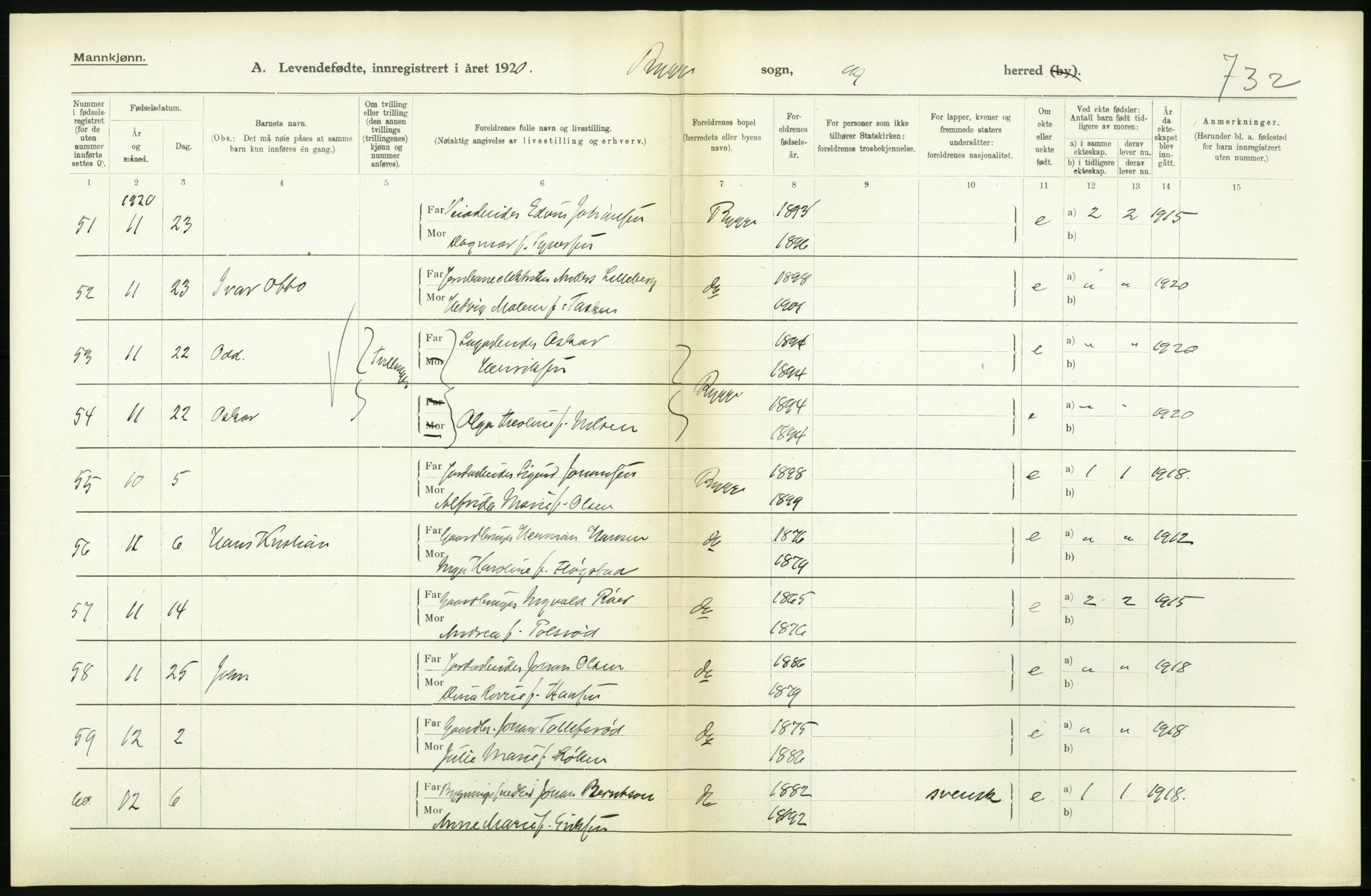 Statistisk sentralbyrå, Sosiodemografiske emner, Befolkning, AV/RA-S-2228/D/Df/Dfb/Dfbj/L0001: Østfold fylke: Levendefødte menn og kvinner. Bygder., 1920, p. 36