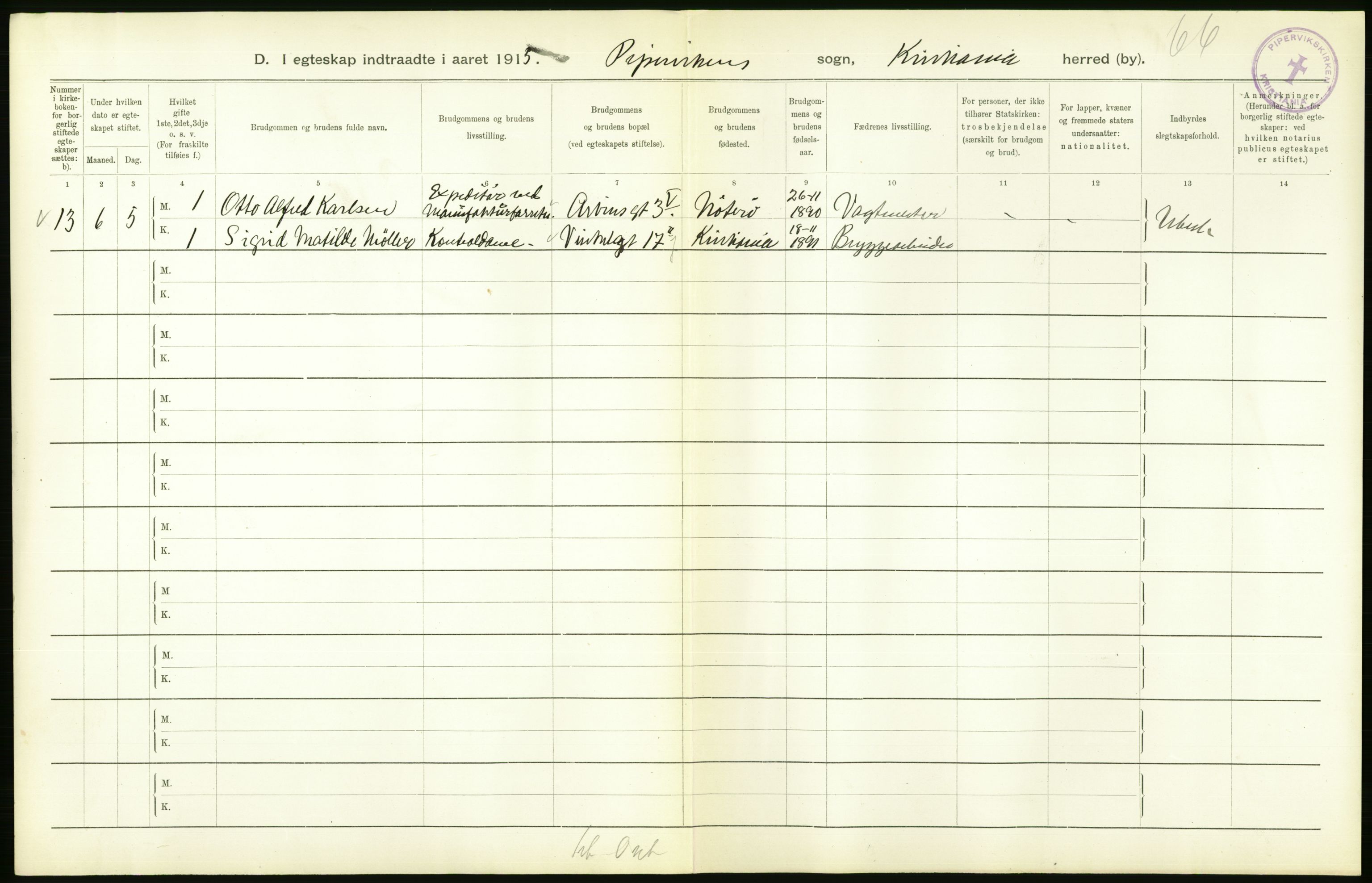 Statistisk sentralbyrå, Sosiodemografiske emner, Befolkning, AV/RA-S-2228/D/Df/Dfb/Dfbe/L0008: Kristiania: Gifte., 1915, p. 662