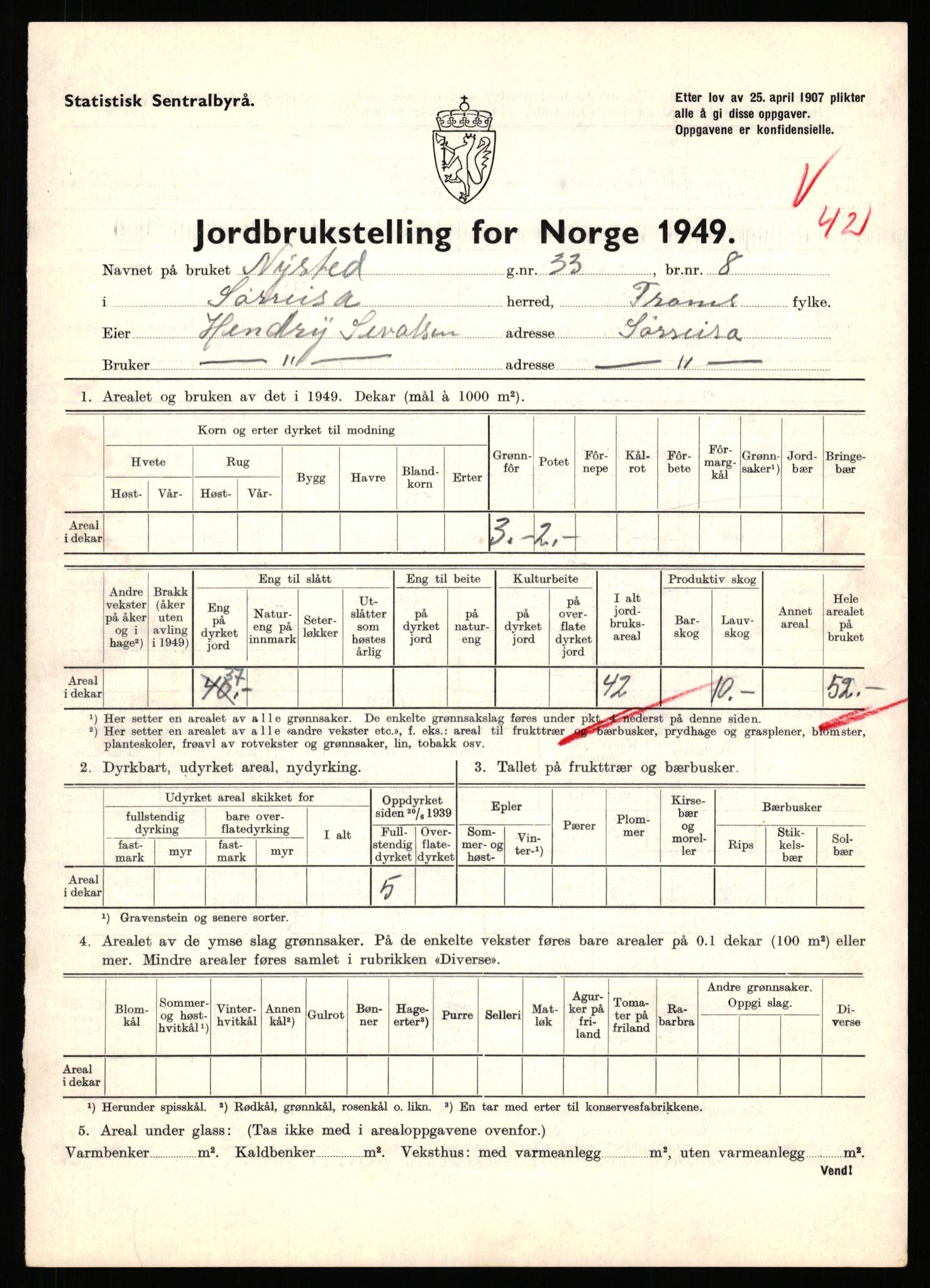 Statistisk sentralbyrå, Næringsøkonomiske emner, Jordbruk, skogbruk, jakt, fiske og fangst, AV/RA-S-2234/G/Gc/L0440: Troms: Sørreisa og Dyrøy, 1949, p. 515