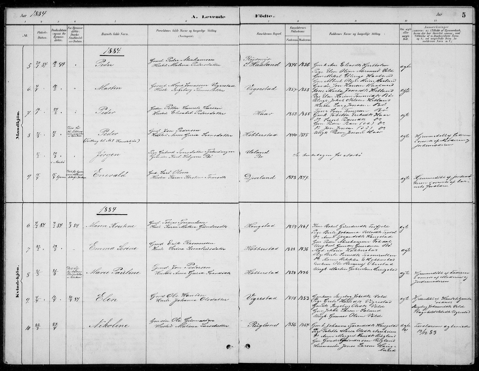 Hå sokneprestkontor, AV/SAST-A-101801/001/30BB/L0004: Parish register (copy) no. B 4, 1883-1899, p. 5