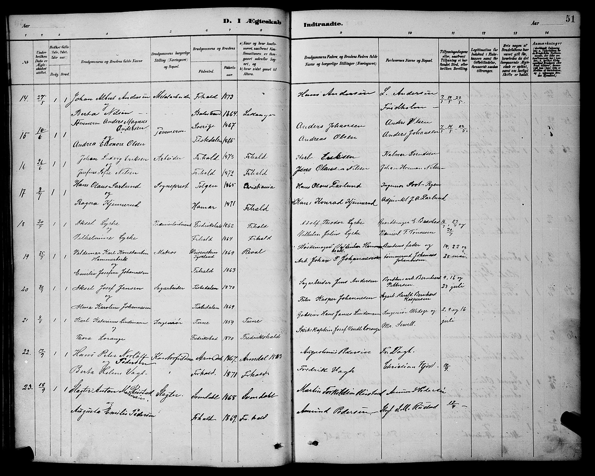 Halden prestekontor Kirkebøker, SAO/A-10909/G/Ga/L0009: Parish register (copy) no. 9, 1885-1908, p. 51