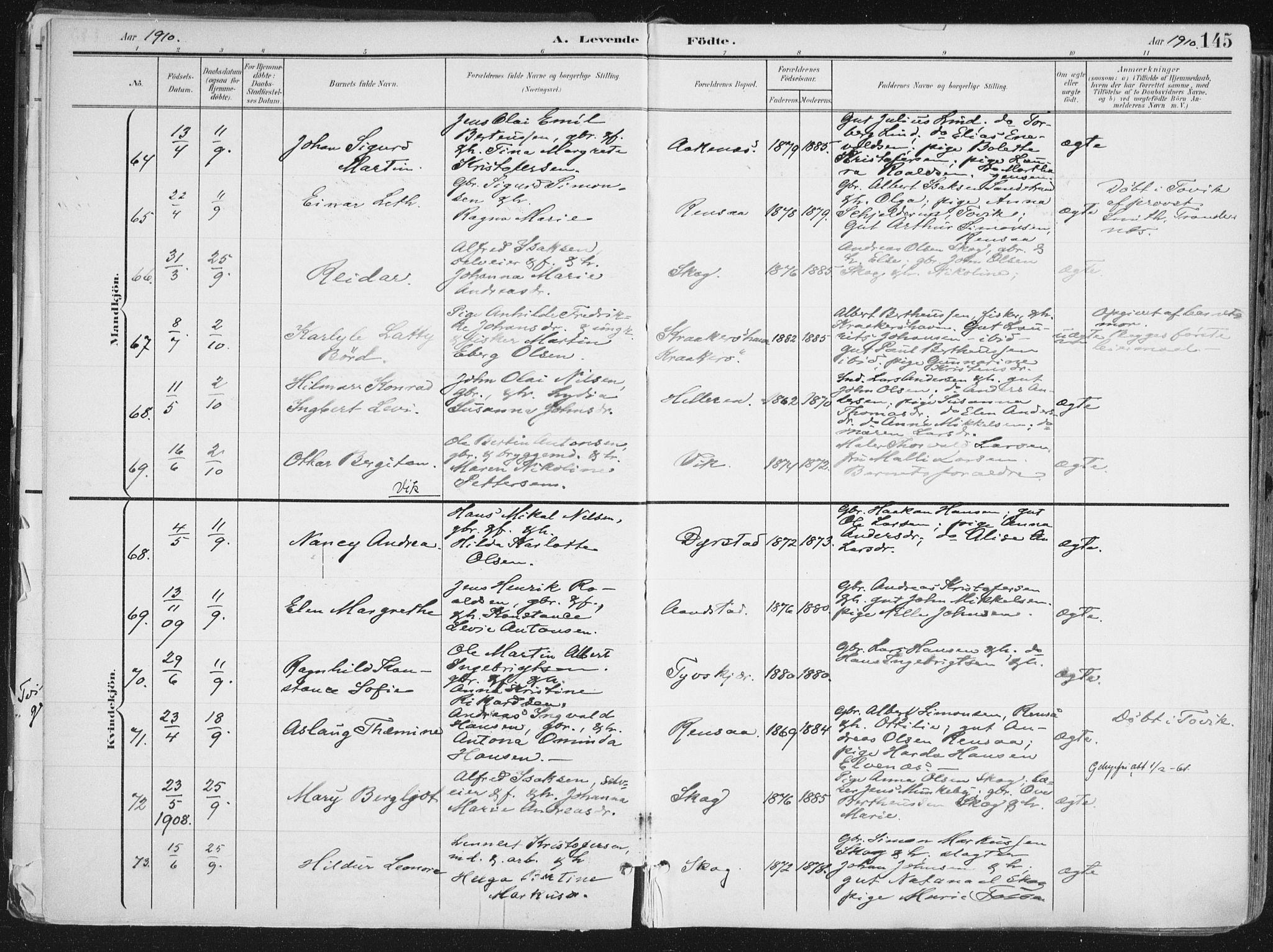 Ibestad sokneprestembete, AV/SATØ-S-0077/H/Ha/Haa/L0017kirke: Parish register (official) no. 17, 1901-1914, p. 145