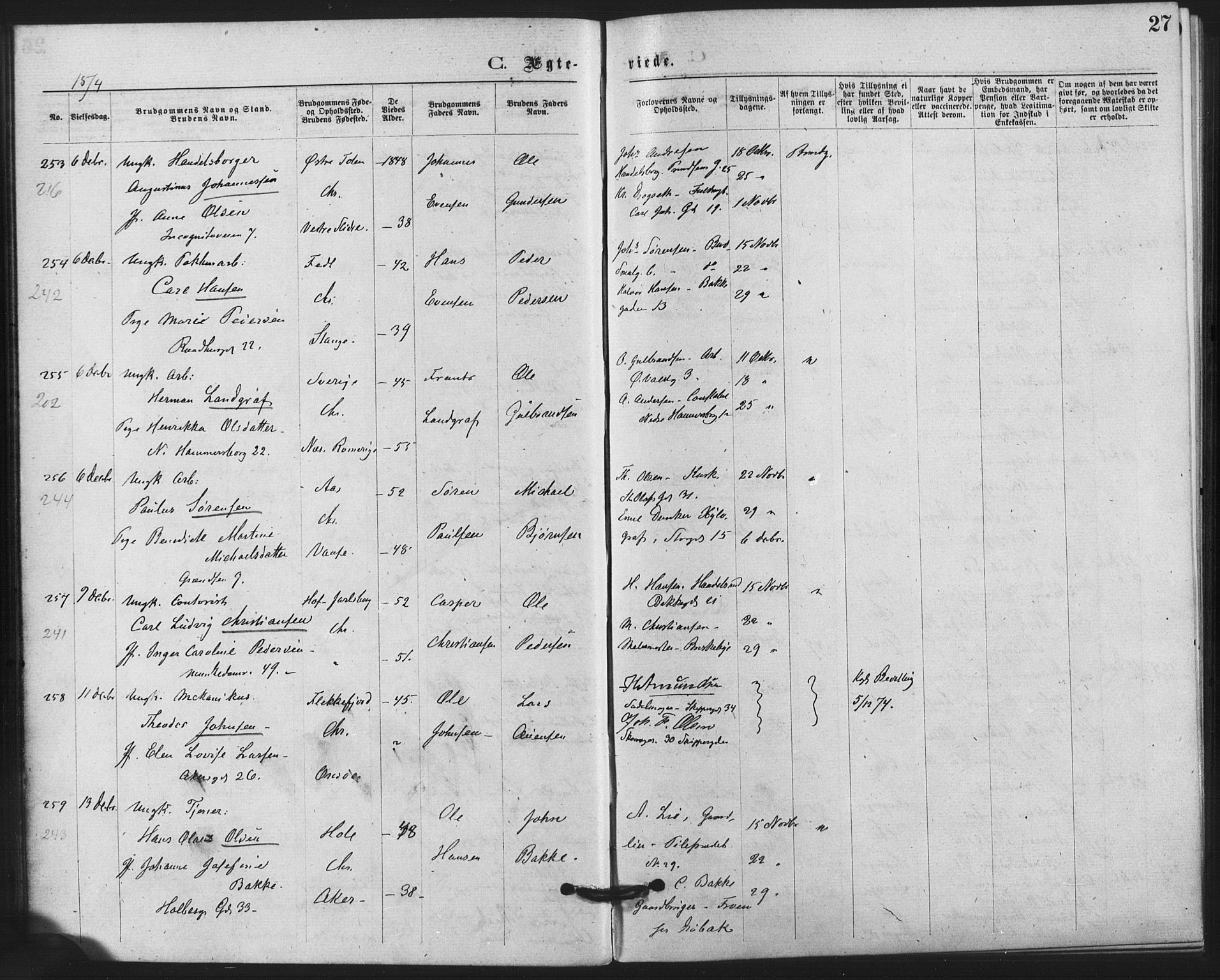 Trefoldighet prestekontor Kirkebøker, SAO/A-10882/F/Fc/L0002: Parish register (official) no. III 2, 1874-1881, p. 27