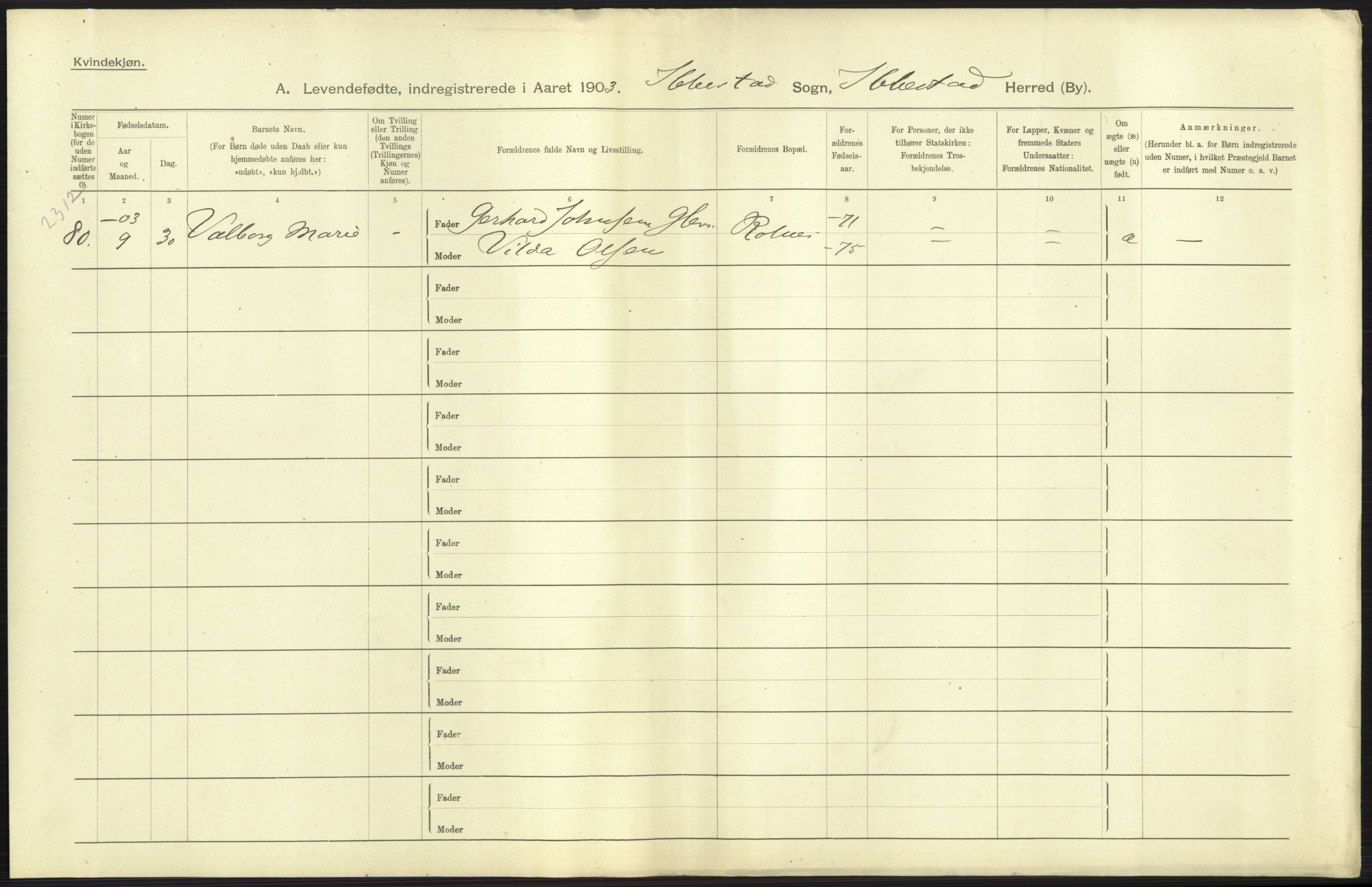 Statistisk sentralbyrå, Sosiodemografiske emner, Befolkning, AV/RA-S-2228/D/Df/Dfa/Dfaa/L0021: Tromsø amt: Fødte, gifte, døde., 1903, p. 35