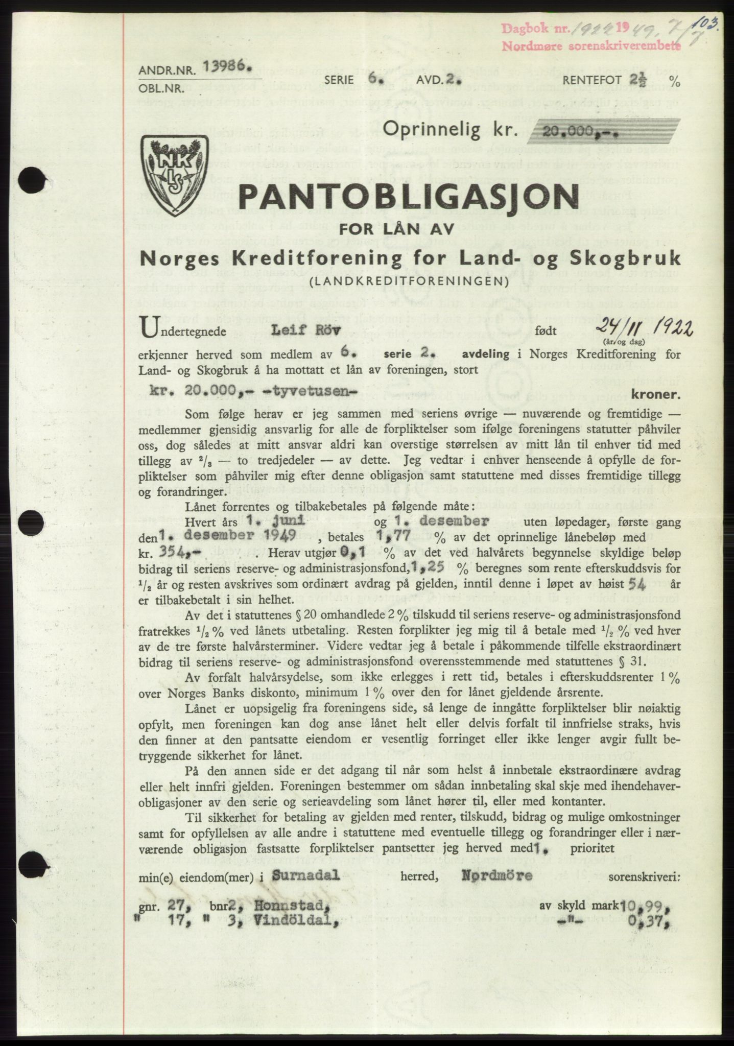 Nordmøre sorenskriveri, AV/SAT-A-4132/1/2/2Ca: Mortgage book no. B102, 1949-1949, Diary no: : 1922/1949