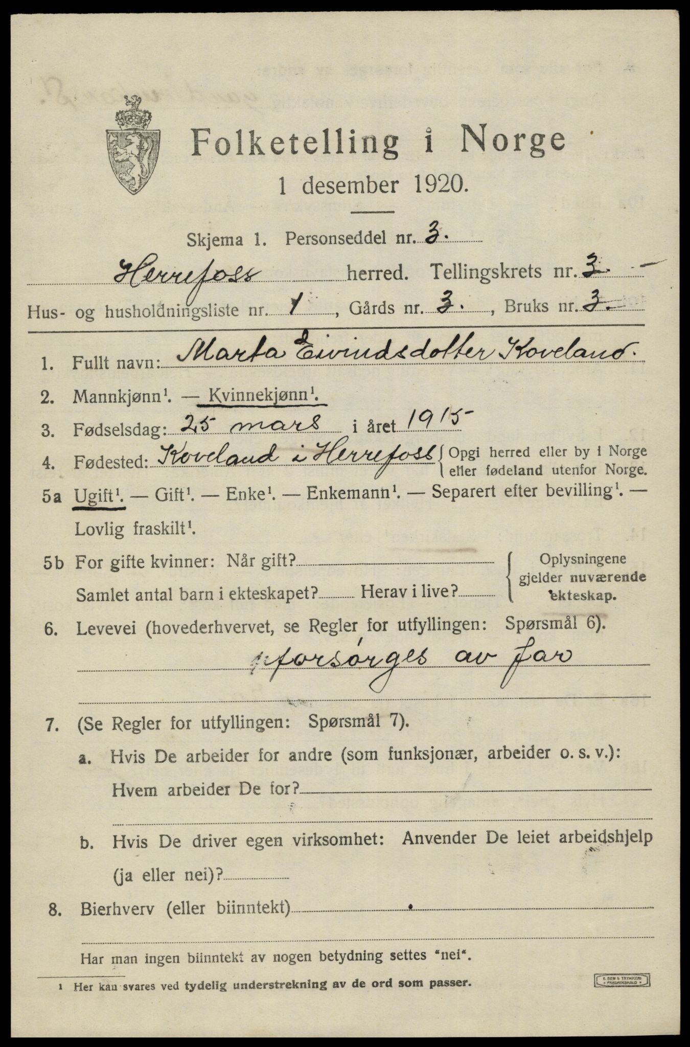 SAK, 1920 census for Herefoss, 1920, p. 576