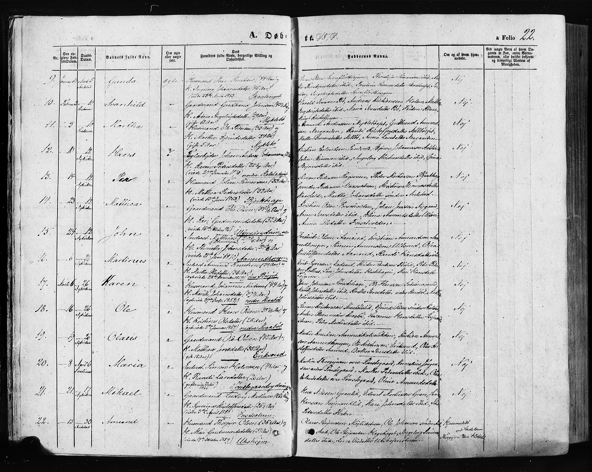 Gausdal prestekontor, SAH/PREST-090/H/Ha/Haa/L0010: Parish register (official) no. 10, 1867-1886, p. 22