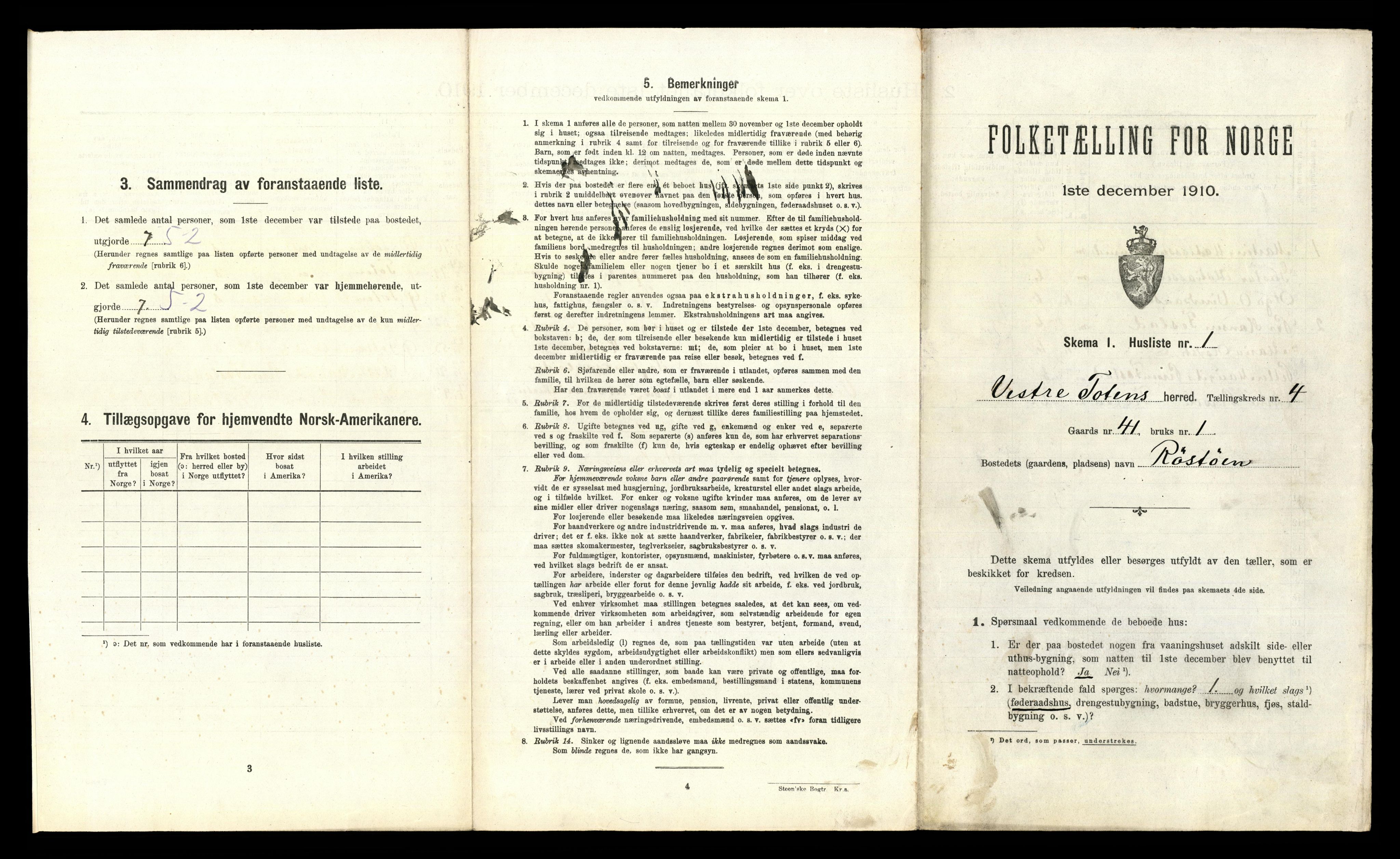 RA, 1910 census for Vestre Toten, 1910, p. 521