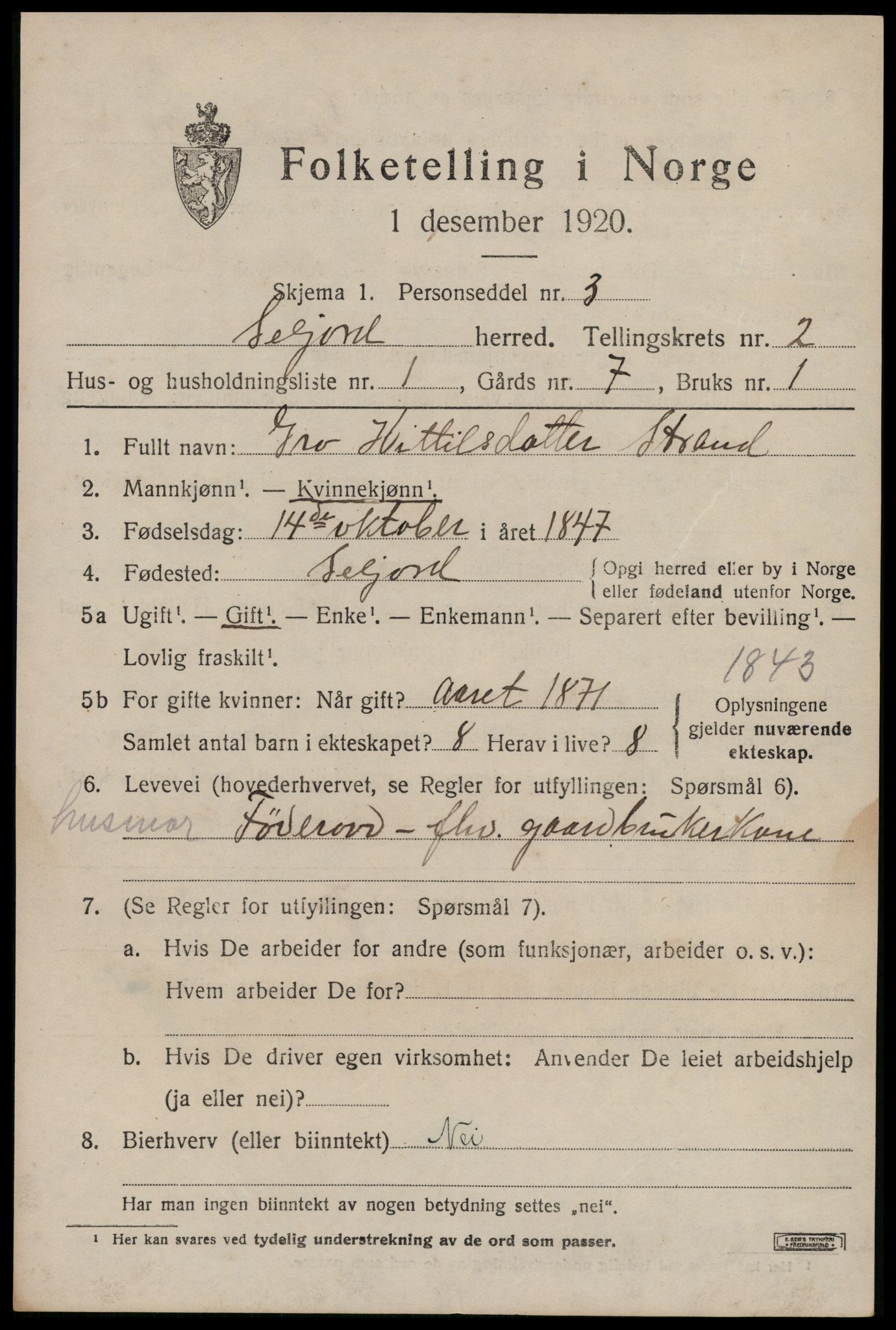 SAKO, 1920 census for Seljord, 1920, p. 1520