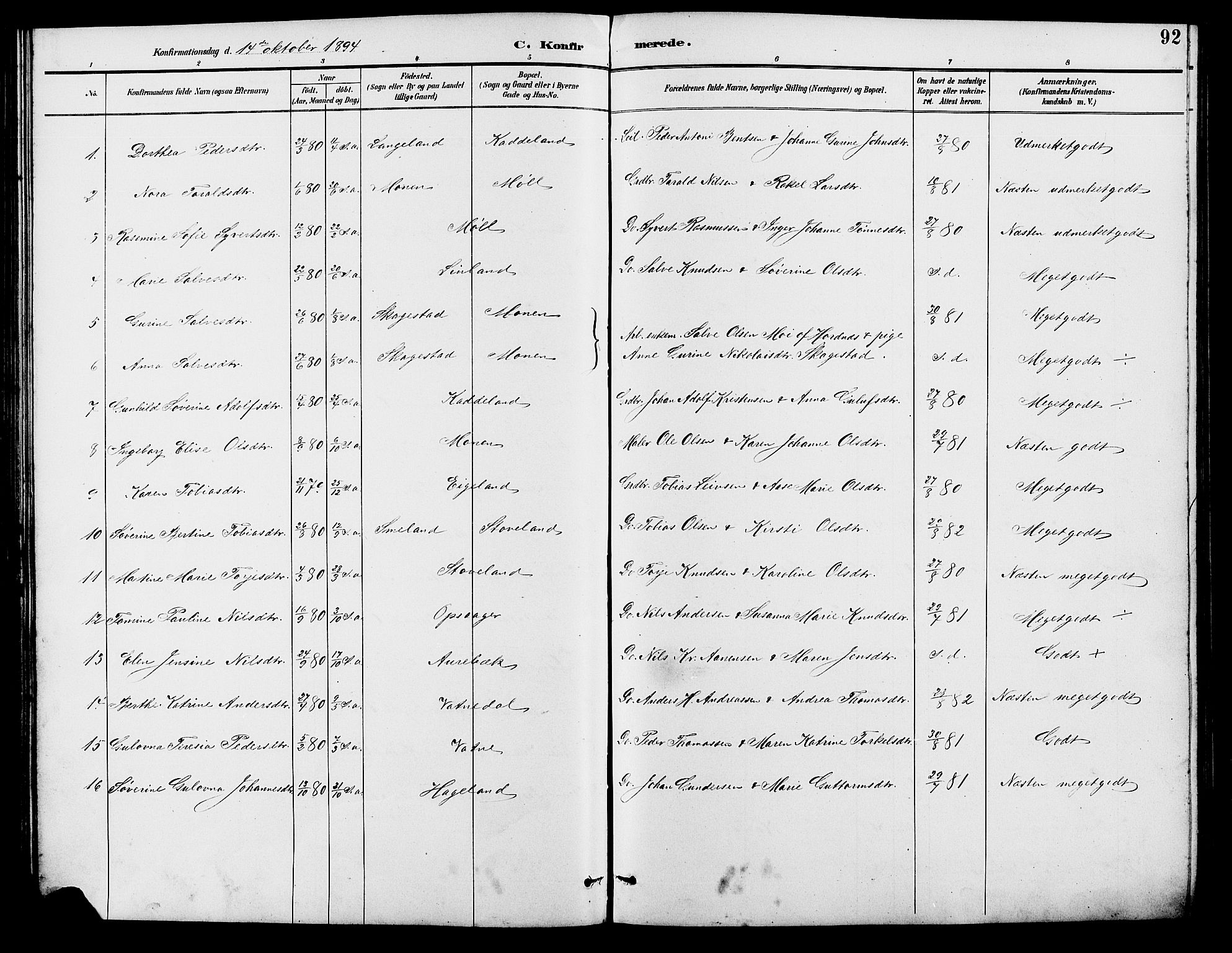 Holum sokneprestkontor, SAK/1111-0022/F/Fb/Fba/L0005: Parish register (copy) no. B 5, 1891-1909, p. 92